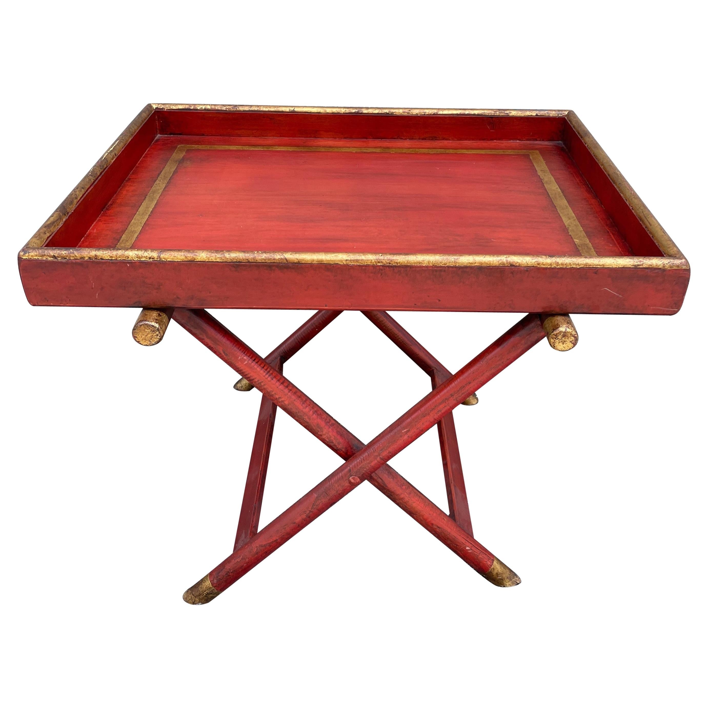 Painted Red & Gold Tray Top Table with X Base