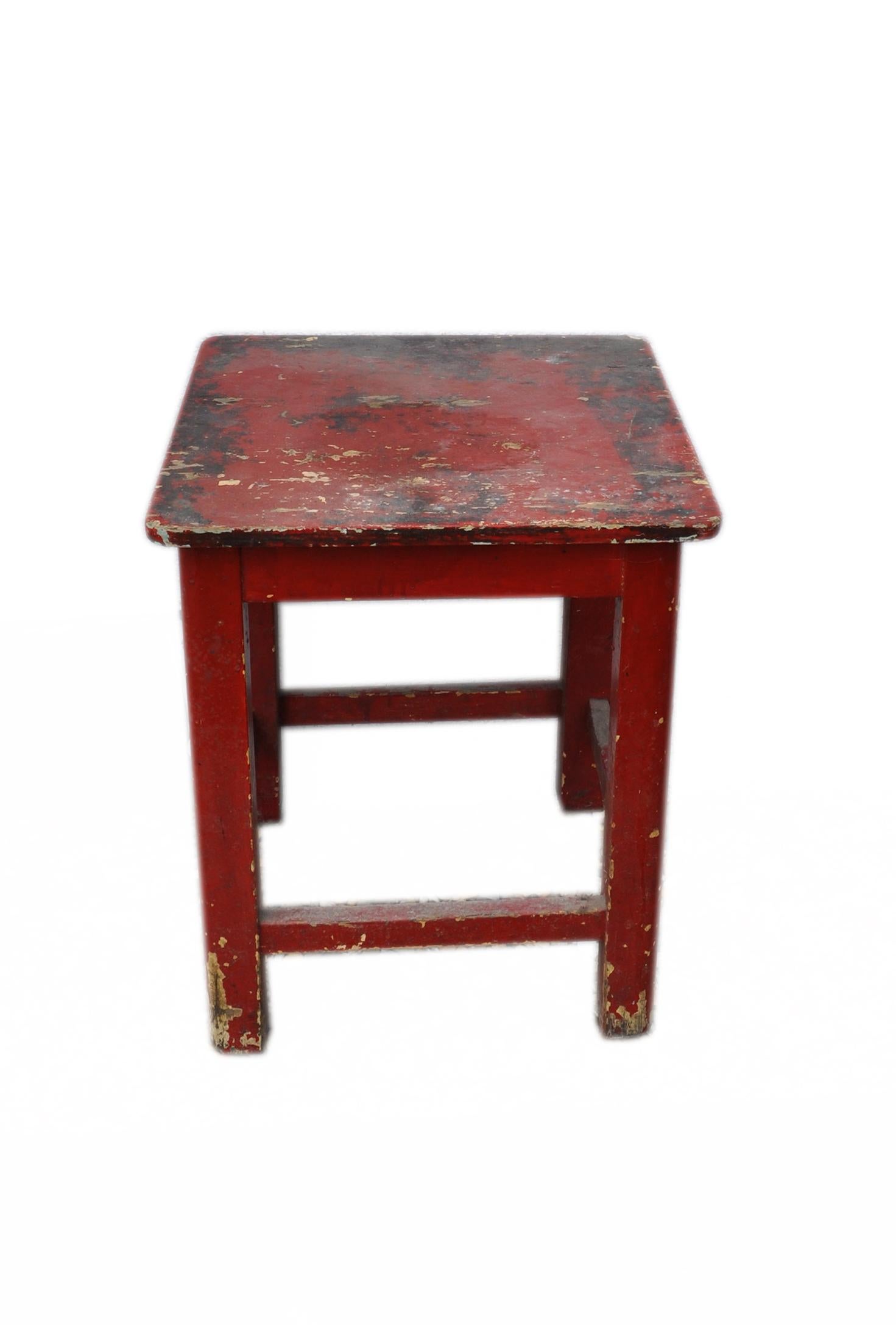 Rustic Painted Red Pine Kitchen Stool, circa 1920s