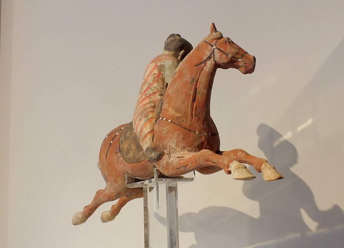 Painted Red Pottery Female Polo Player Astride a Galloping Horse 3
