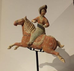 Painted Red Pottery Female Polo Player Astride a Galloping Horse