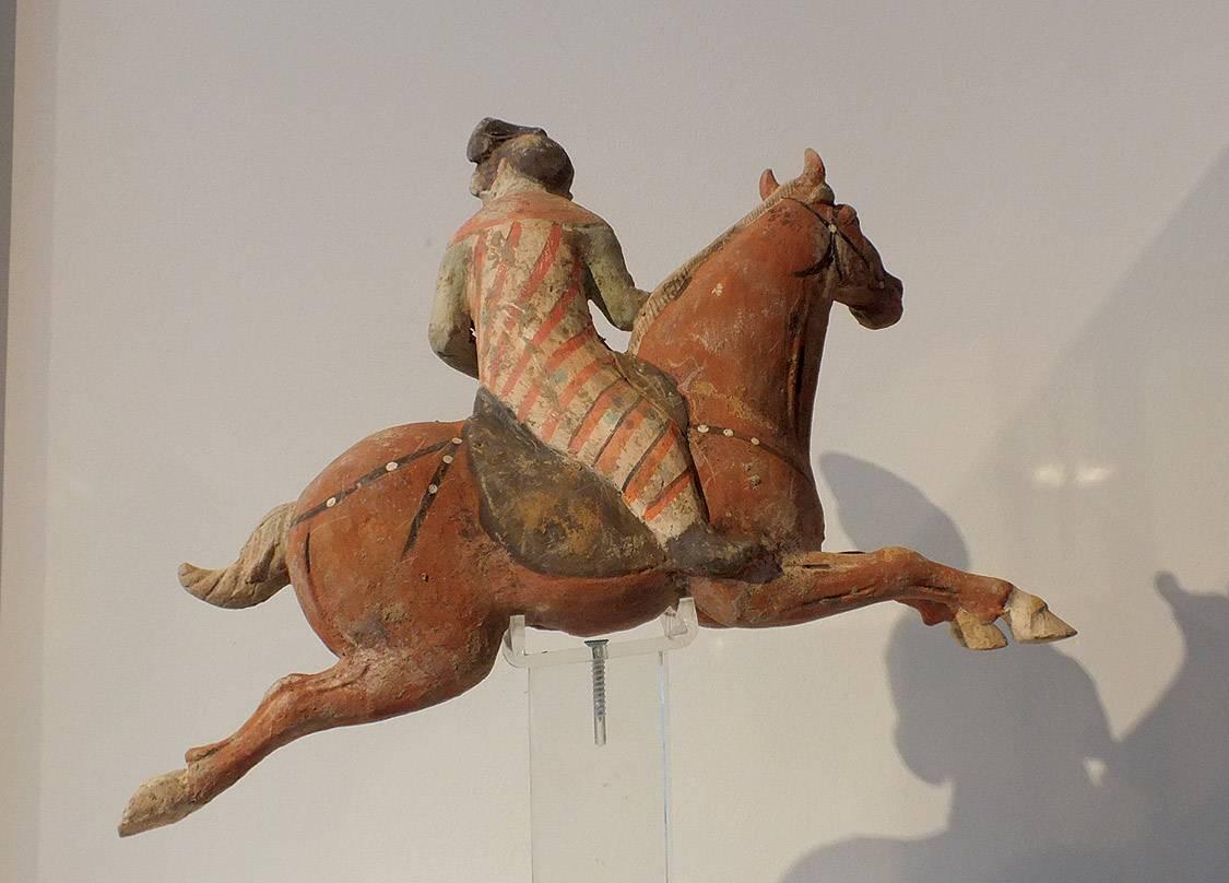 Tang Painted Red Pottery Female Polo Player Astride a Galloping Horse