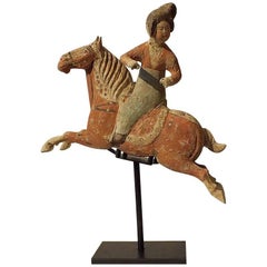 Antique Painted Red Pottery Female Polo Player Astride a Galloping Horse