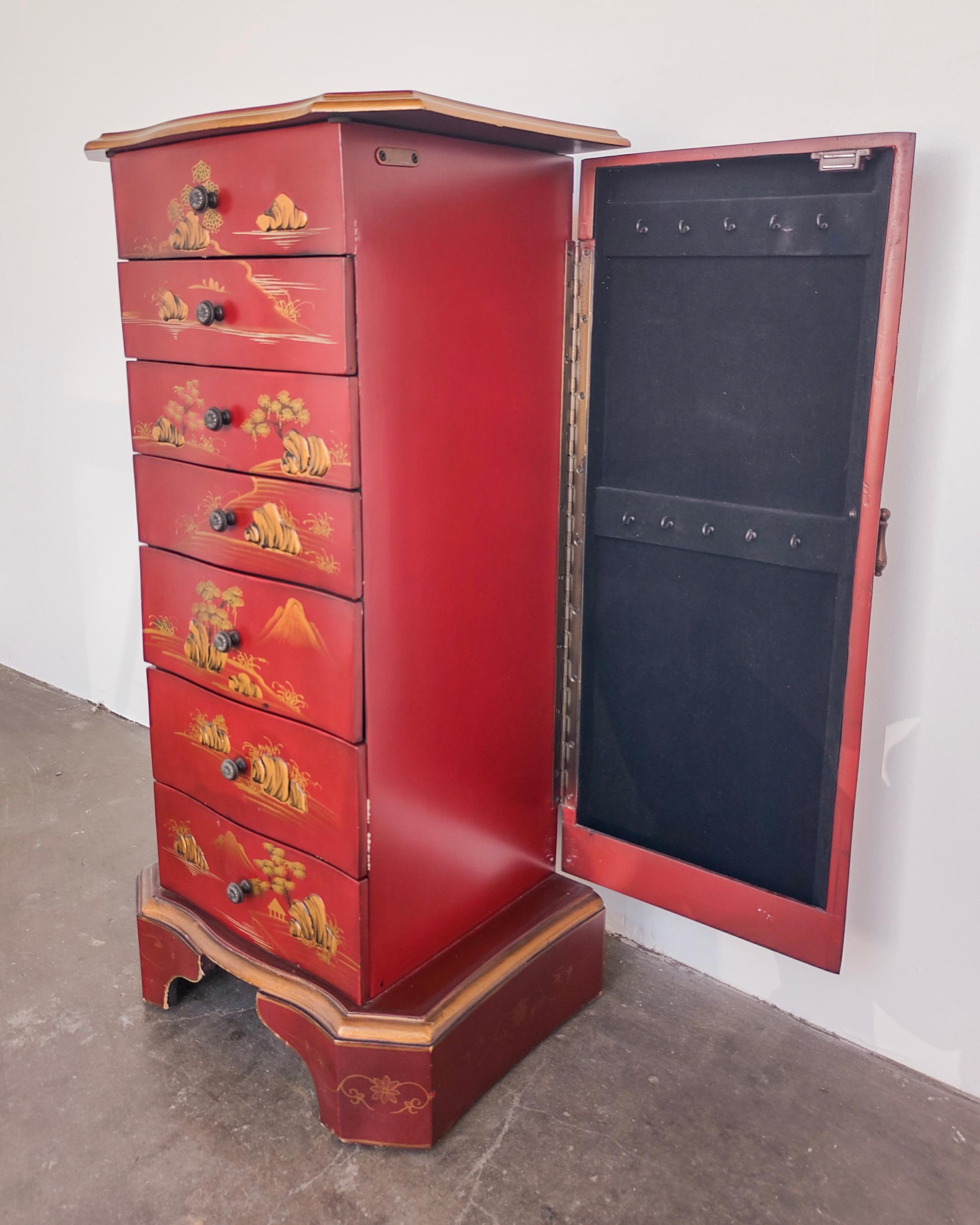 Painted Red Wood Chinese Jewelry Chest of Drawers Storage For Sale 5