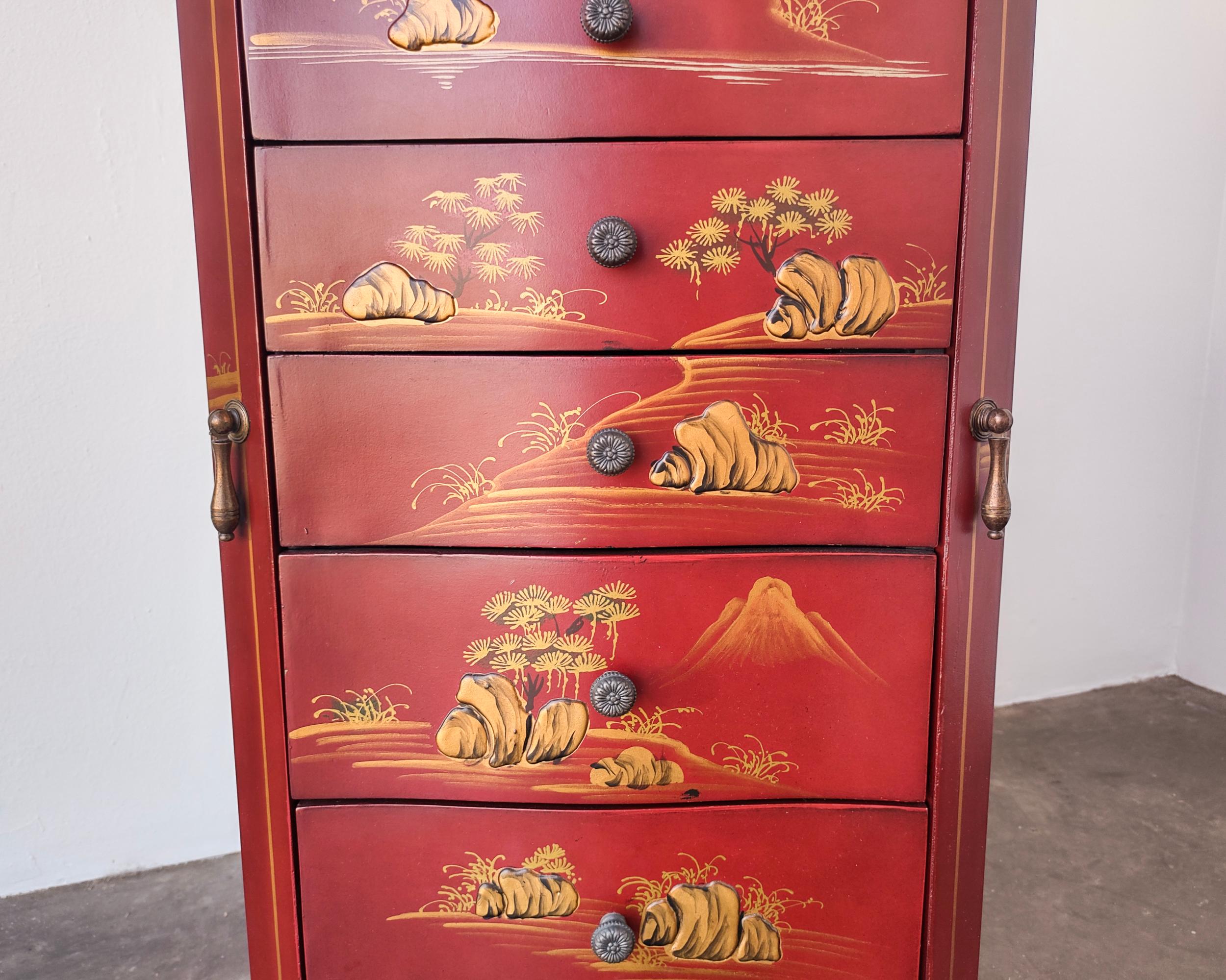 Painted Red Wood Chinese Jewelry Chest of Drawers Storage For Sale 1