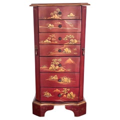 Painted Red Wood Chinese Jewelry Chest of Drawers Storage