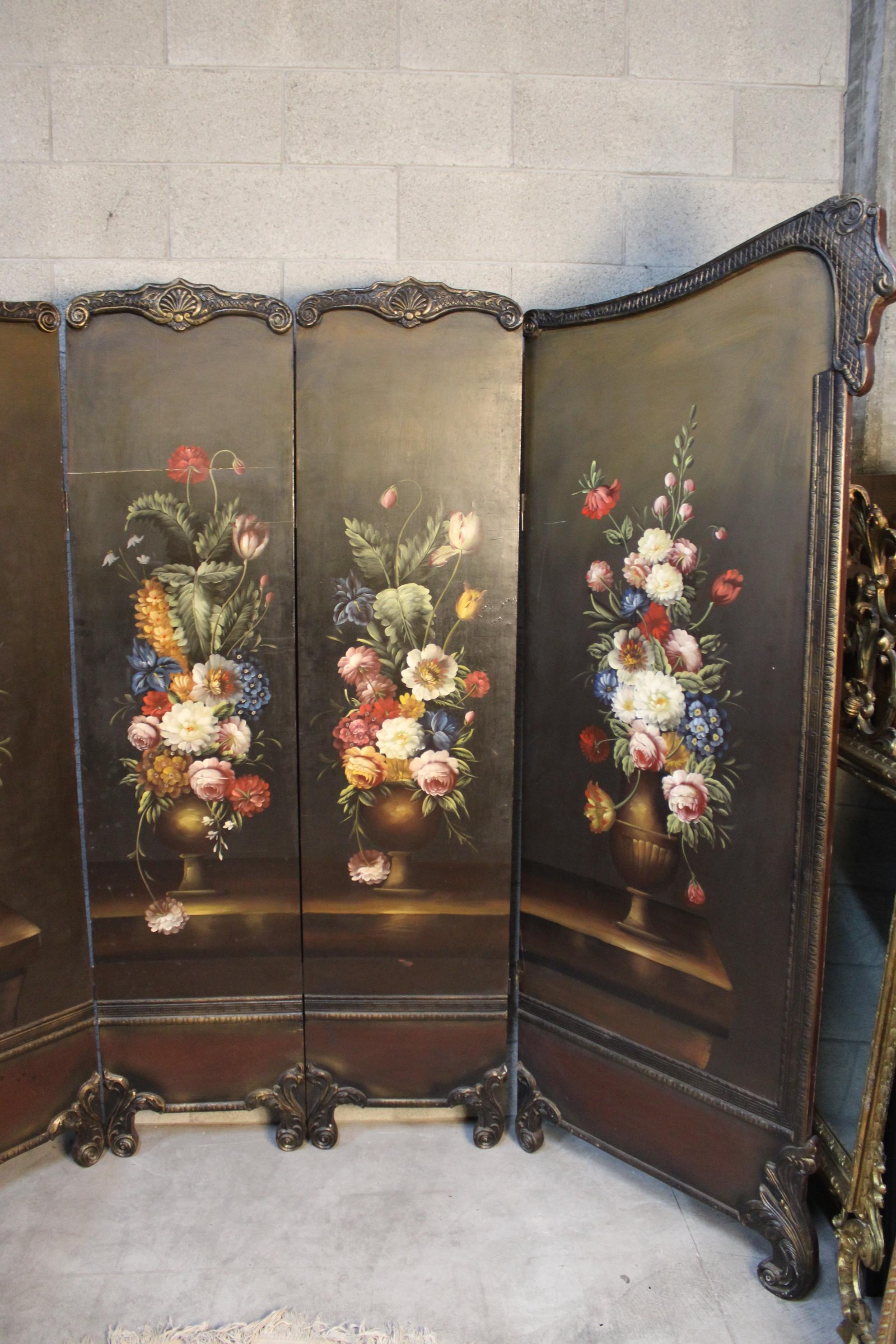 Room divider, French room divider from Early XX. century, original beautiful flower oil painting.