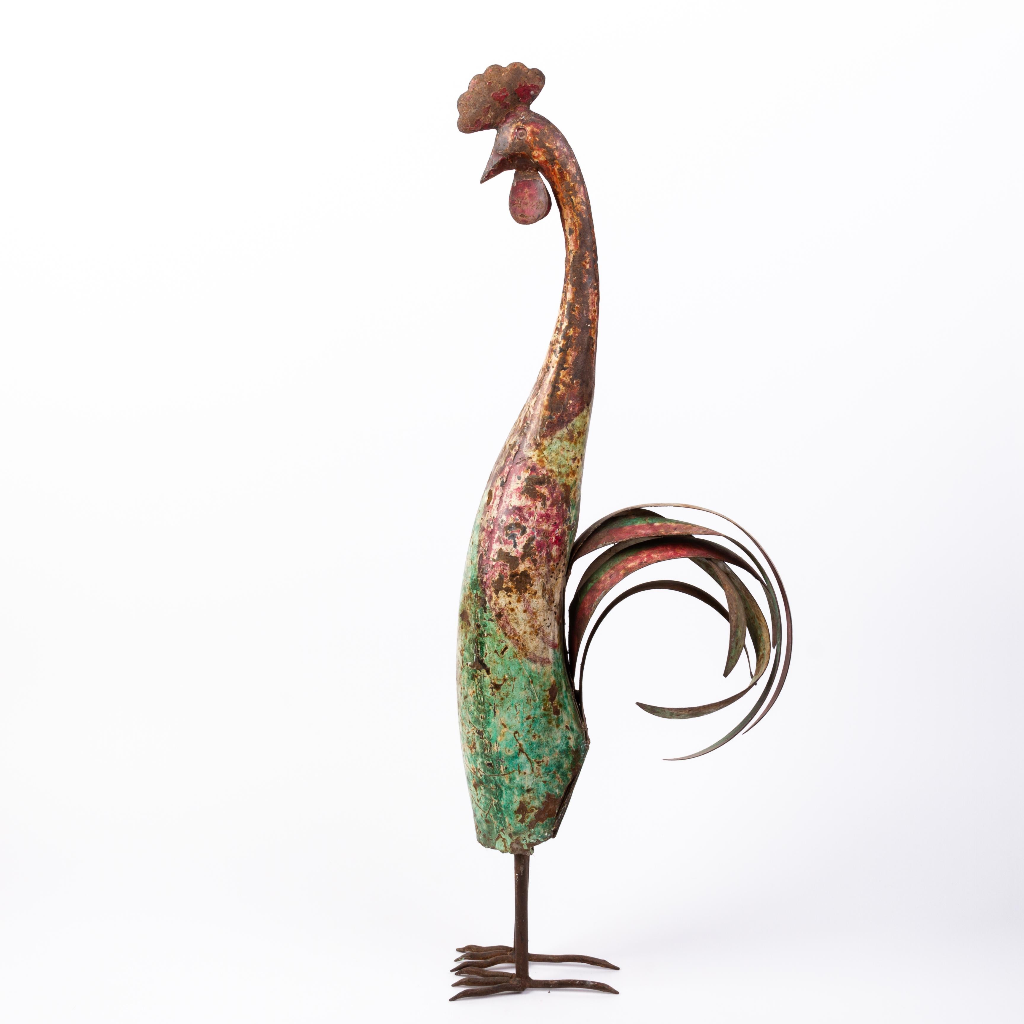 Painted Rooster Interior Design Toleware Sculpture  In Good Condition For Sale In Nottingham, GB