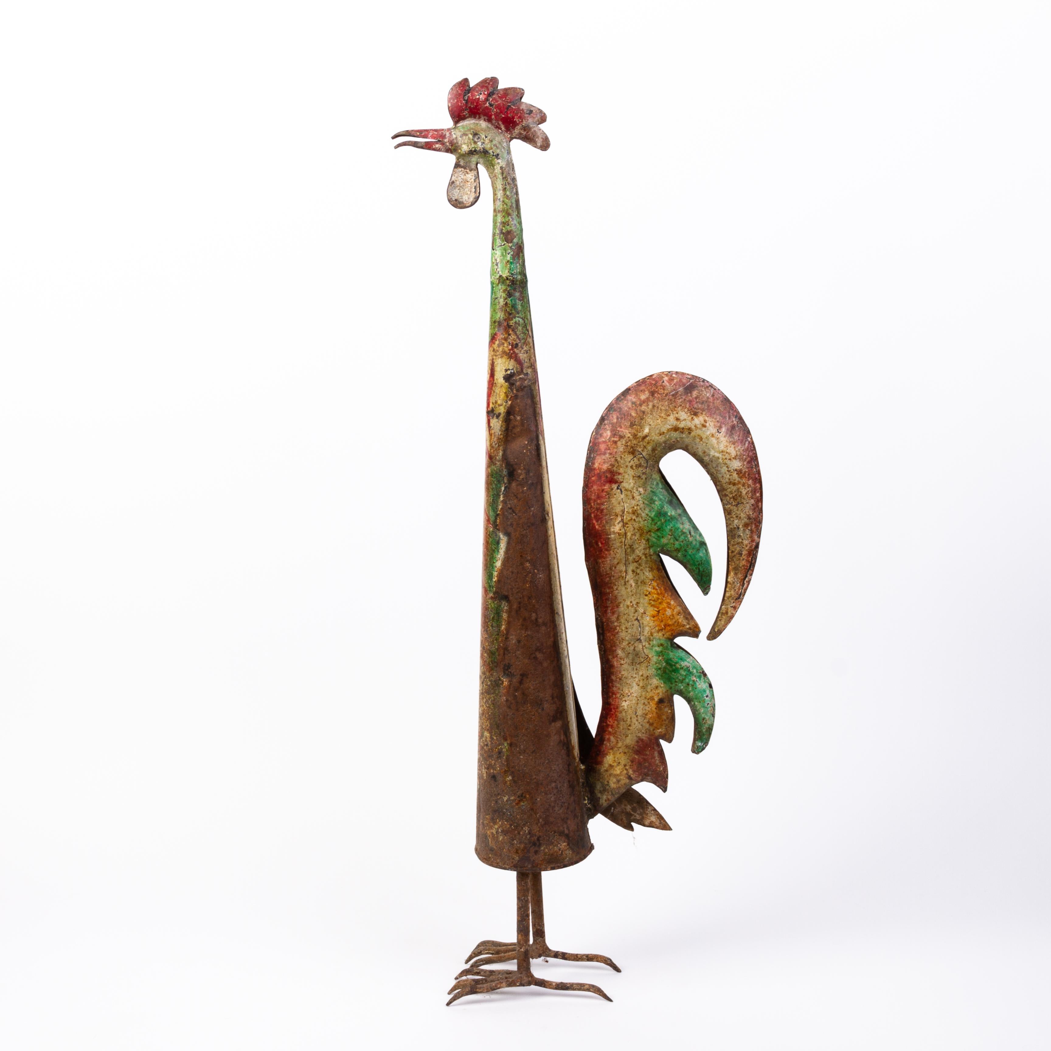 Painted Rooster Interior Design Toleware Sculpture  In Good Condition For Sale In Nottingham, GB