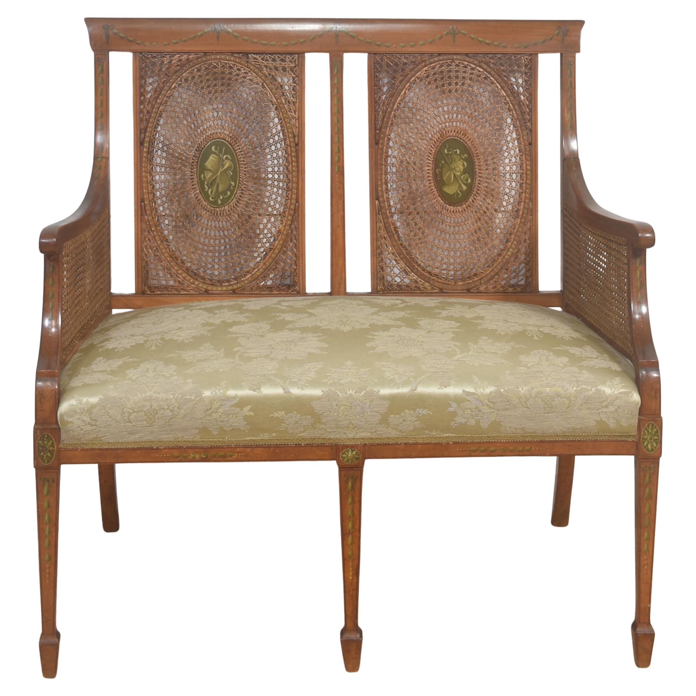 Painted Satinwood and Caned Settee For Sale