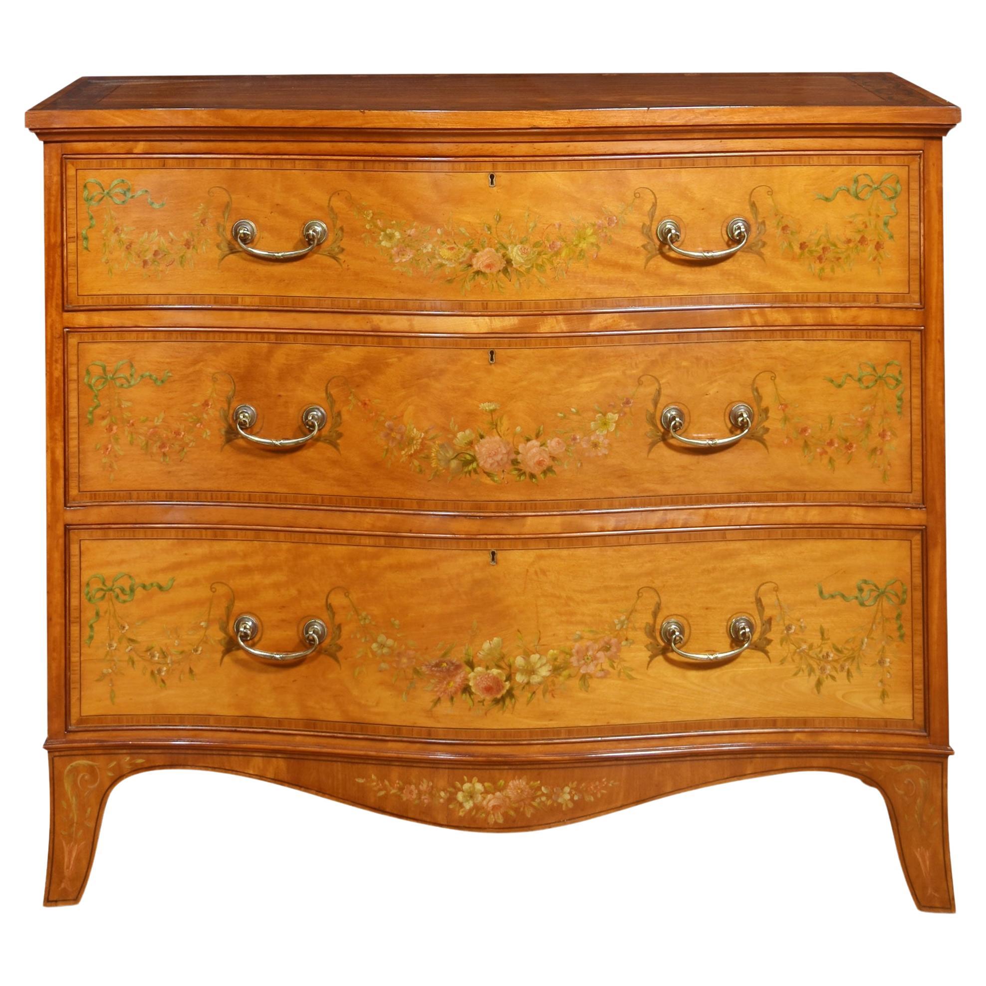 Painted satinwood serpentine chest of drawers For Sale