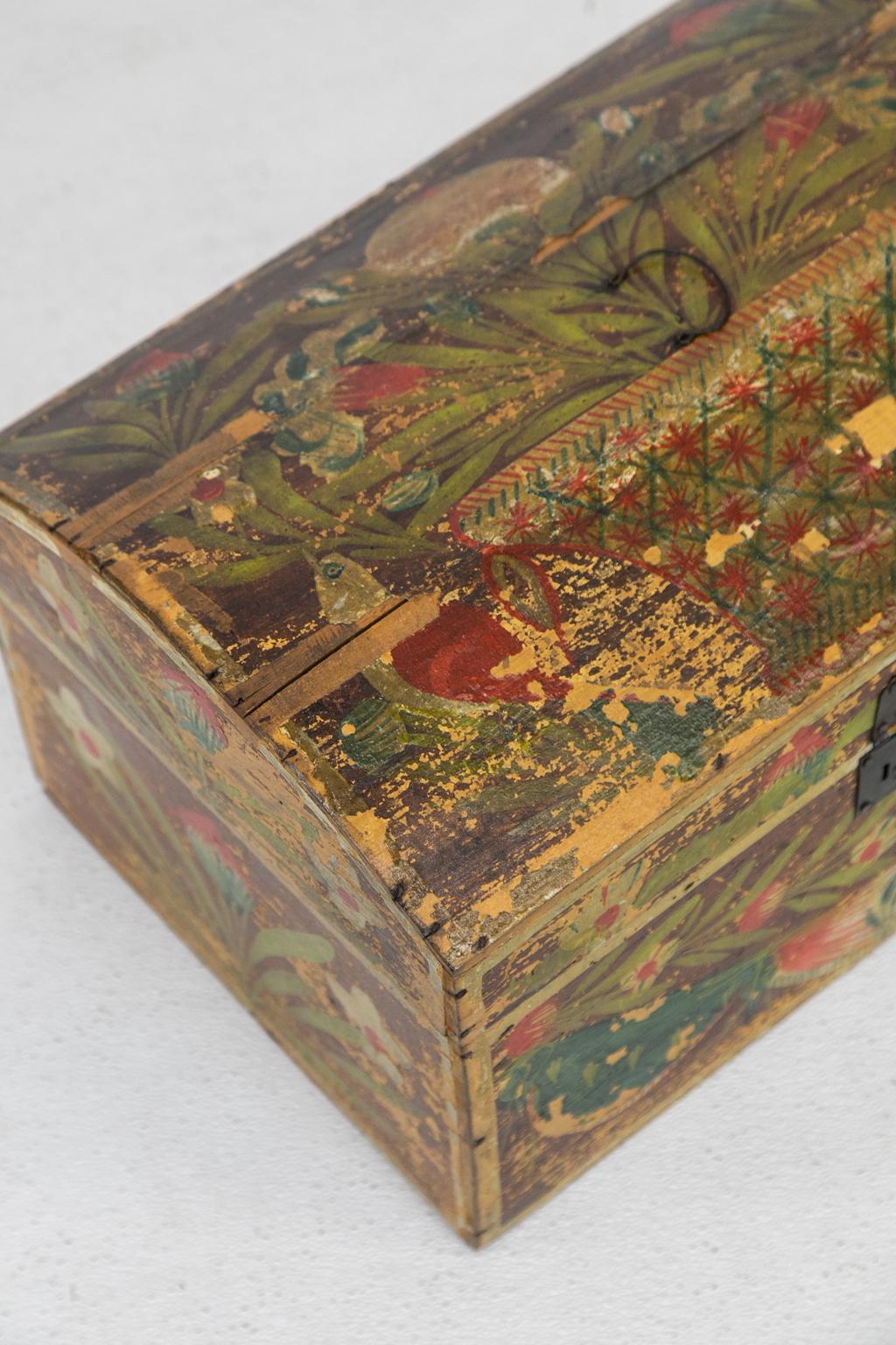 Painted Scandinavian bride's box is painted with floral and draped linen designs.