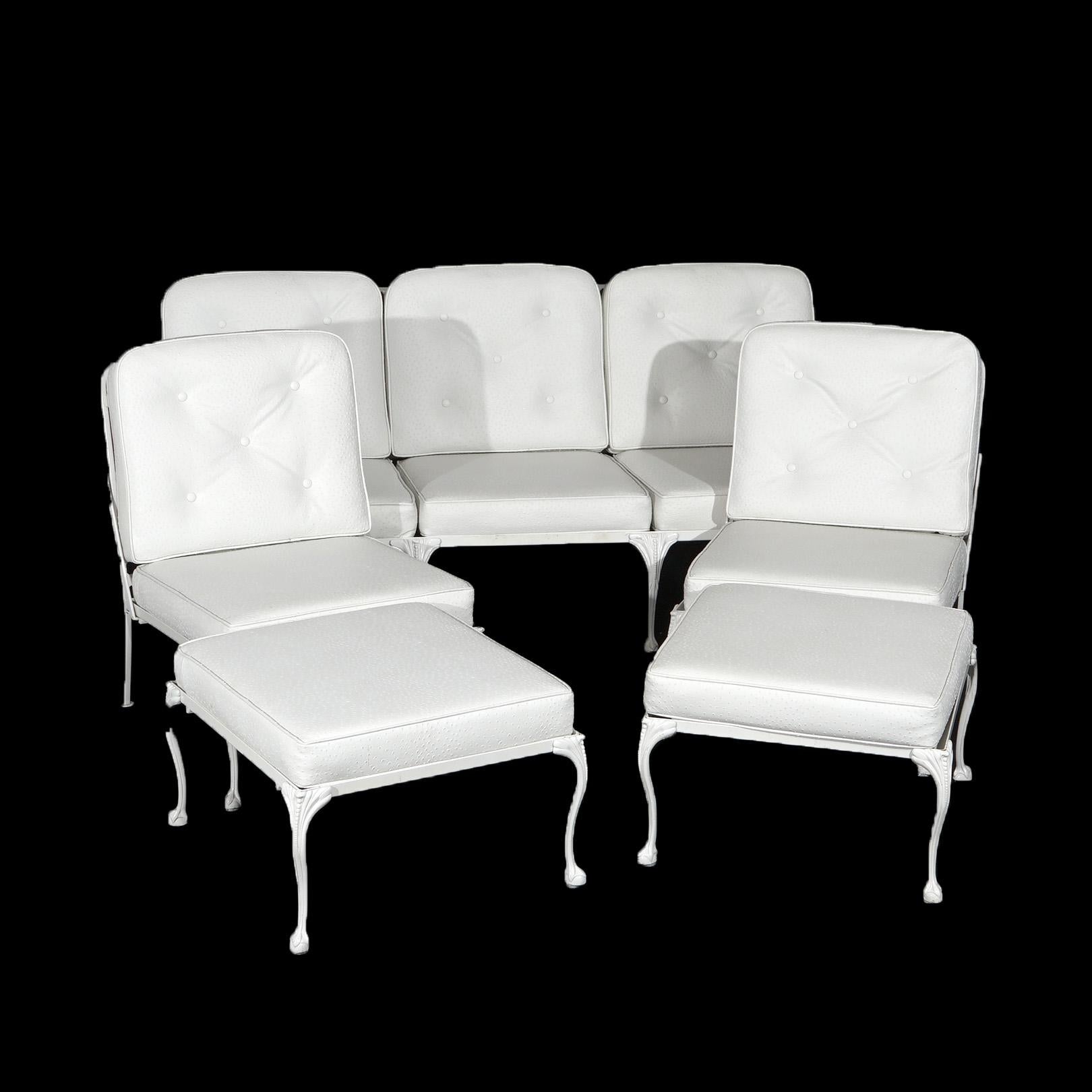 ***Ask About Reduced In-House Shipping Rates - Reliable Service & Fully Insured***
Painted, Foliate & Scrolled Wrought Iron Patio Set with Cabriole Legs includes Sofa, Two Chairs & Two Ottomans, 20th C

Measures- Couch: 32.75''H x 66''W x 23''D;