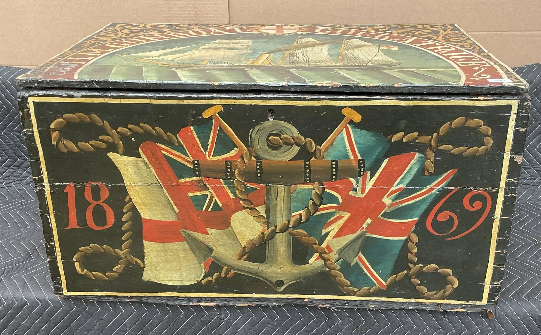Sea chest with extensive nautical decoration relative to H.M. Gunboat Cockatrice of the Royal Navy, V.R., Albert Briggs, Quartermaster Briggs. R.N. Barracks, Chatham, Dovetailed chest with hinged top and iron handles. Hinge needs repair. Portrait of