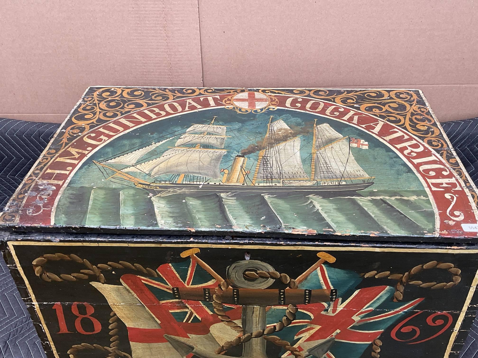 Painted Sea Chest from H.M. Gunboat Cockatrice In Good Condition In Norwell, MA