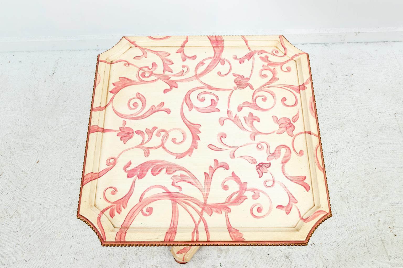 Wood Painted Side Table with Scrolled Foliage