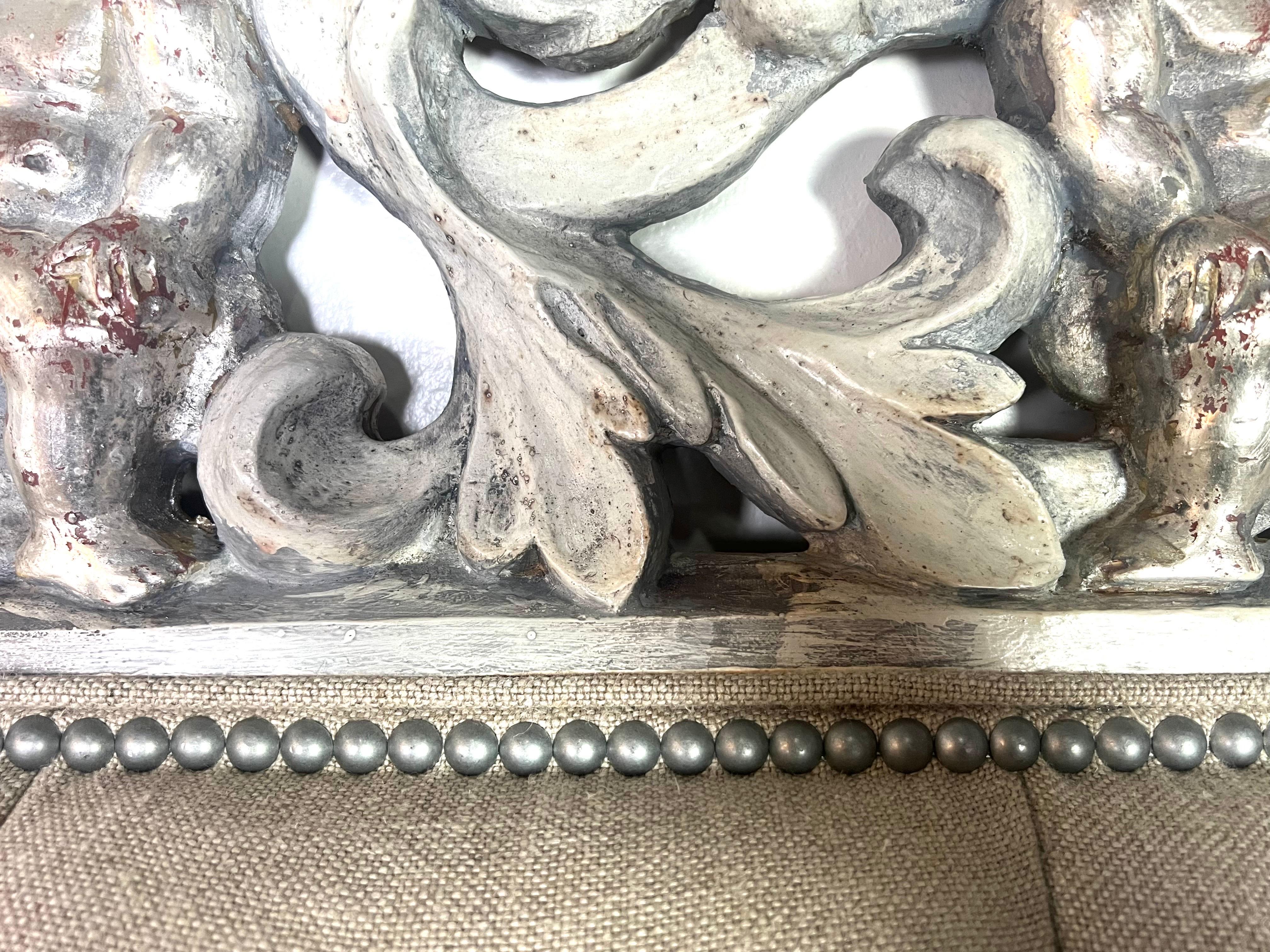 Painted & Silvered Carved Cherub Linen Headboard For Sale 1