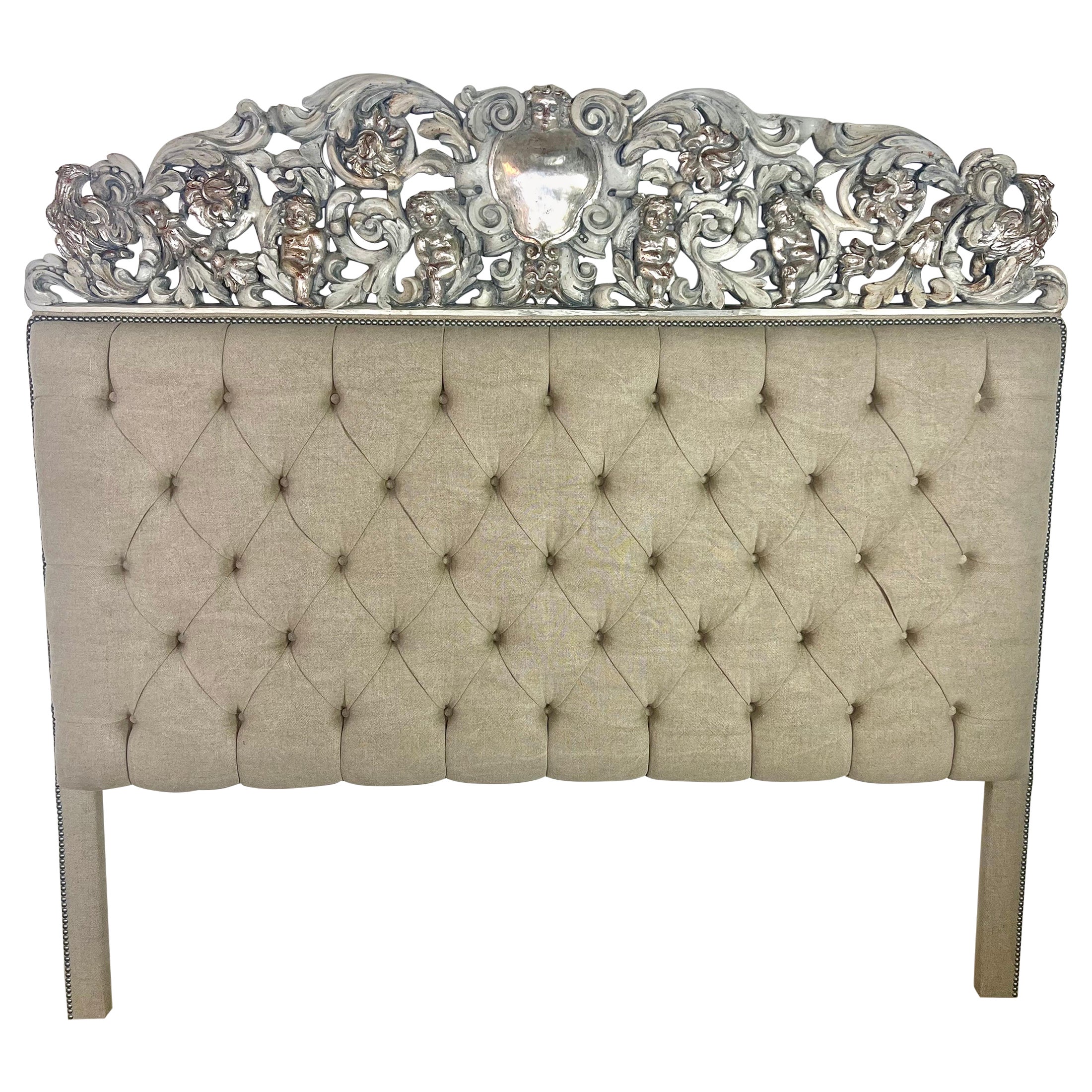 Painted & Silvered Carved Cherub Linen Headboard