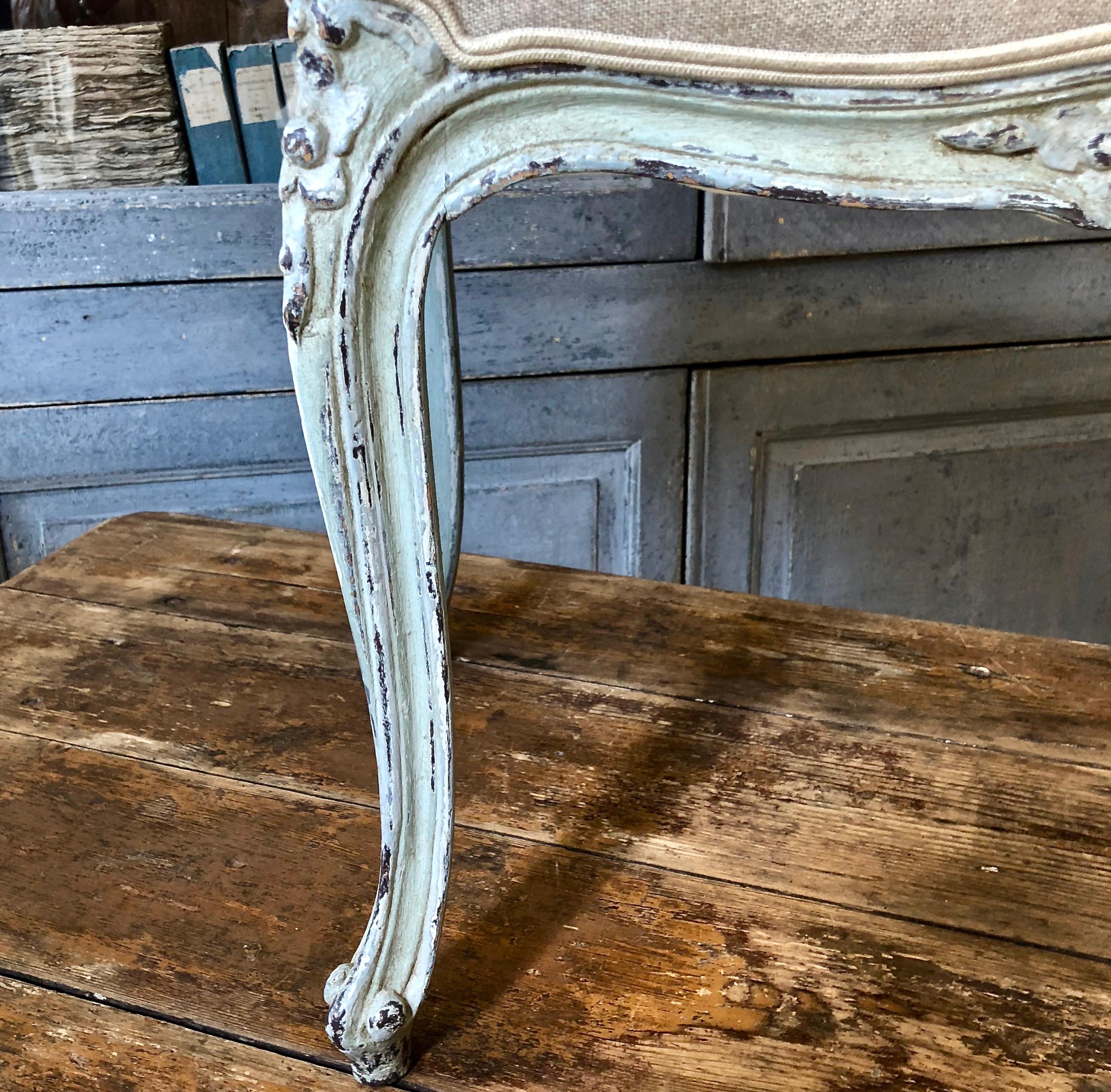 Hand-Carved Painted Small Bench in Louis XV Style