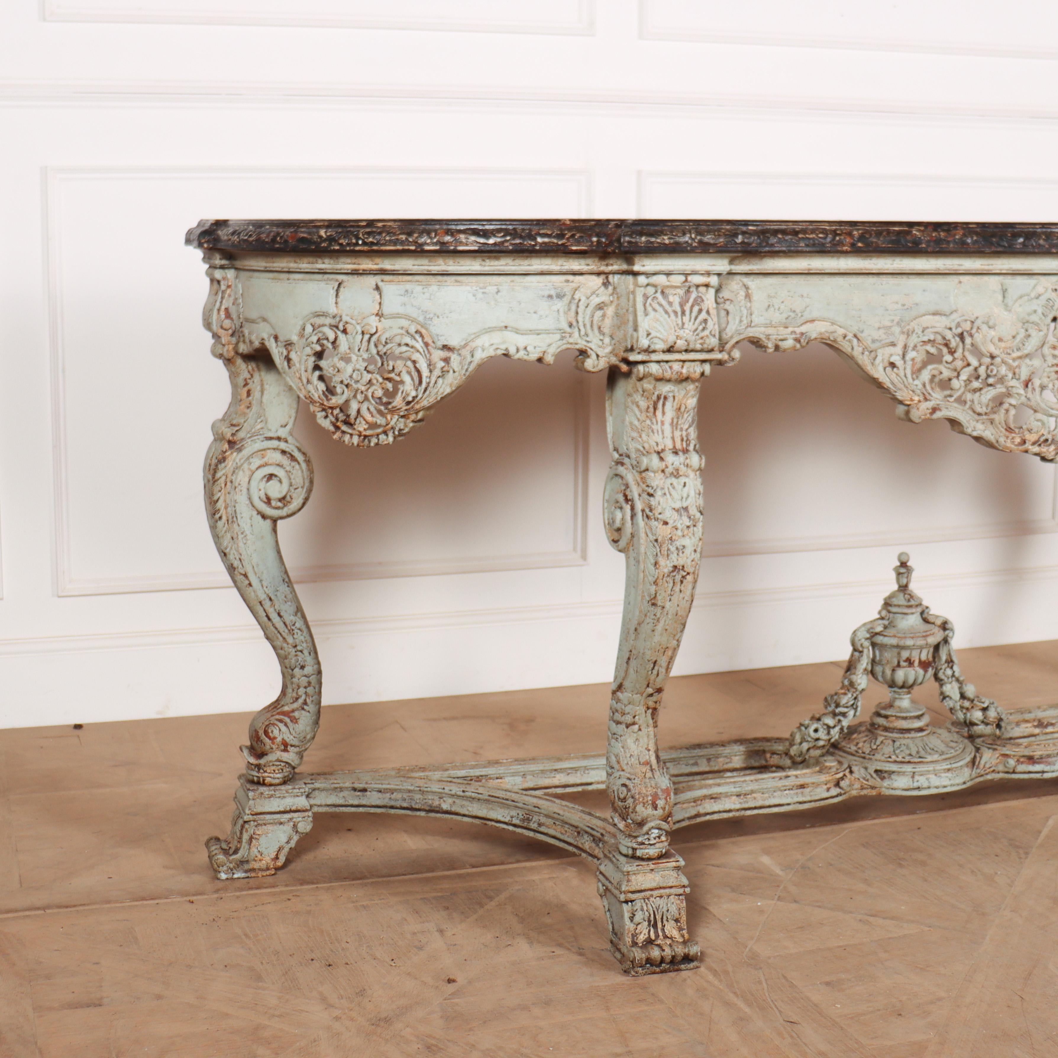 Large late 19th C Spanish painted oak serpentine front console table. Good carved details and stylised dolphin supports. 1890.

Reference: 7946

Dimensions
85 inches (216 cms) Wide
25 inches (64 cms) Deep
37 inches (94 cms) High