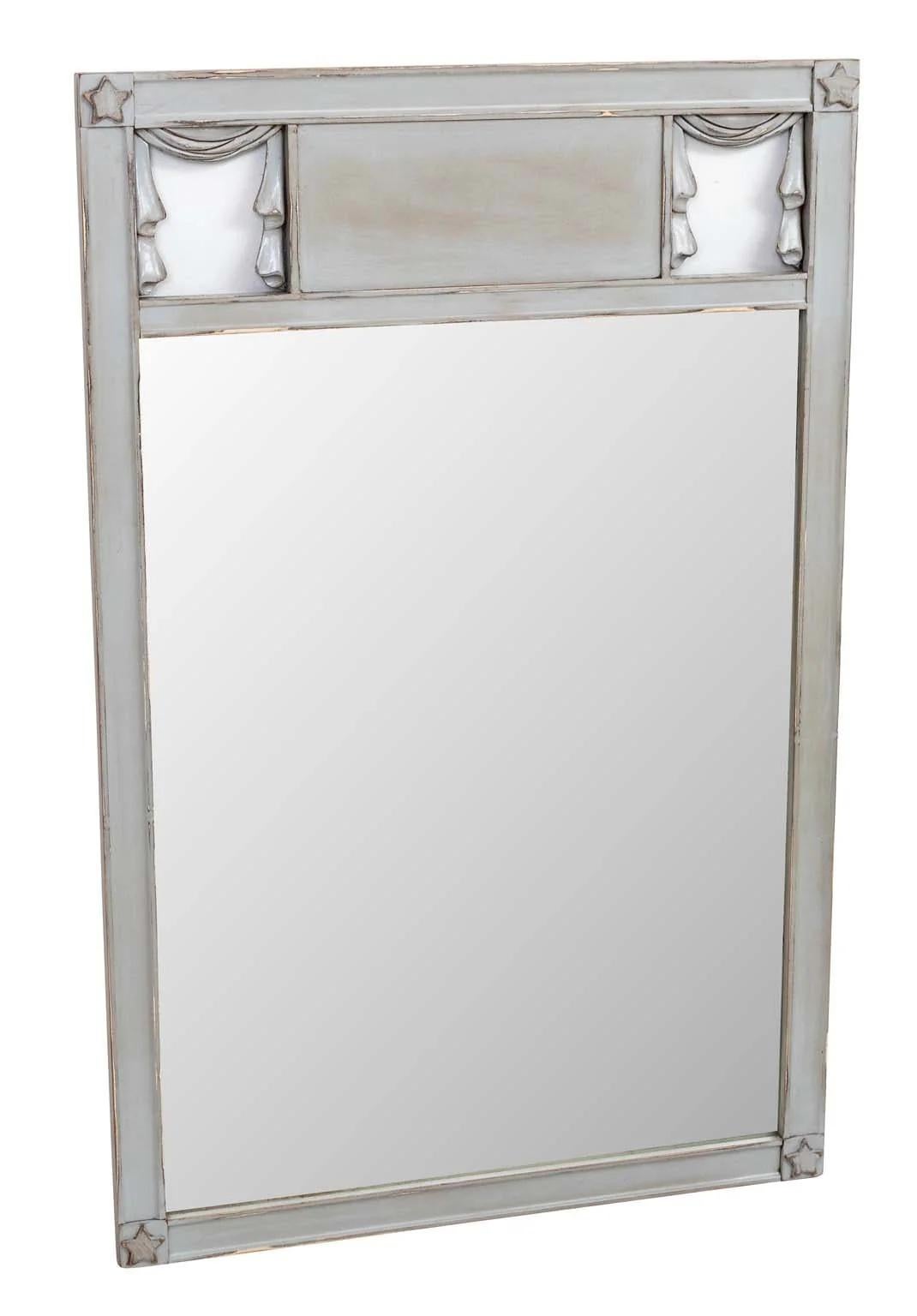 Circa 1960s-1970s Hollywood Regency gray painted distressed mirror with Stars and Drapes Motif. Made in the United States. Good overall distressed and repainted finish. Wires on back for hanging.