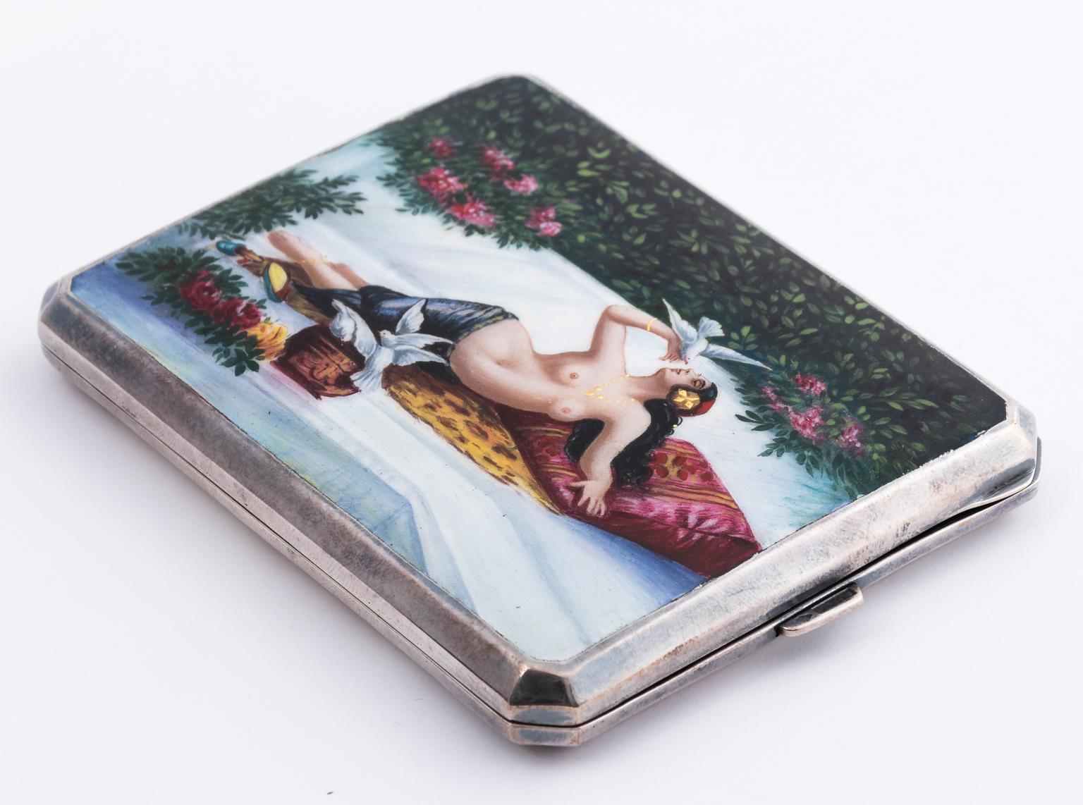 20th Century Painted Sterling Silver Cigarette Case, circa 1900 For Sale