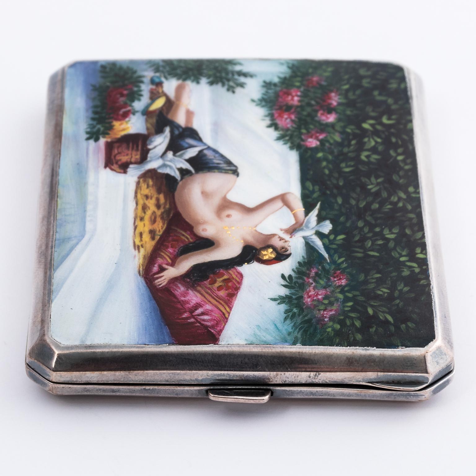 Painted Sterling Silver Cigarette Case, circa 1900 For Sale 1