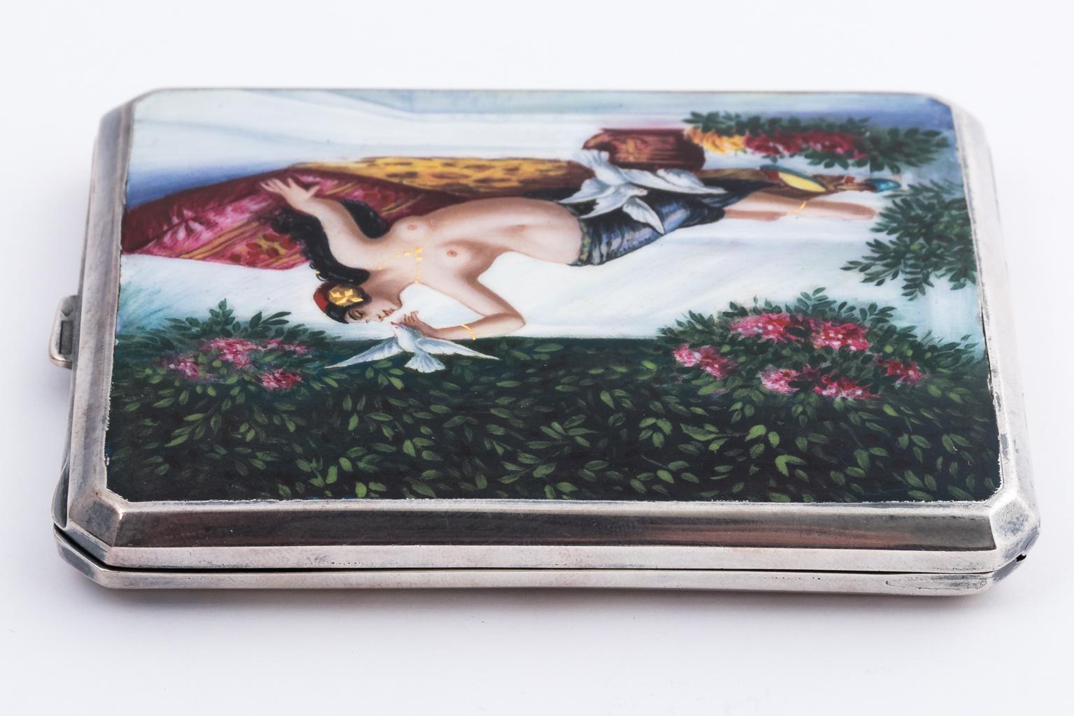 Painted Sterling Silver Cigarette Case, circa 1900 For Sale 2