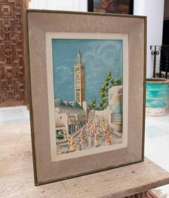 Painted Stucco of an Urban View with a Minaret & a Market in an Oriental Setting