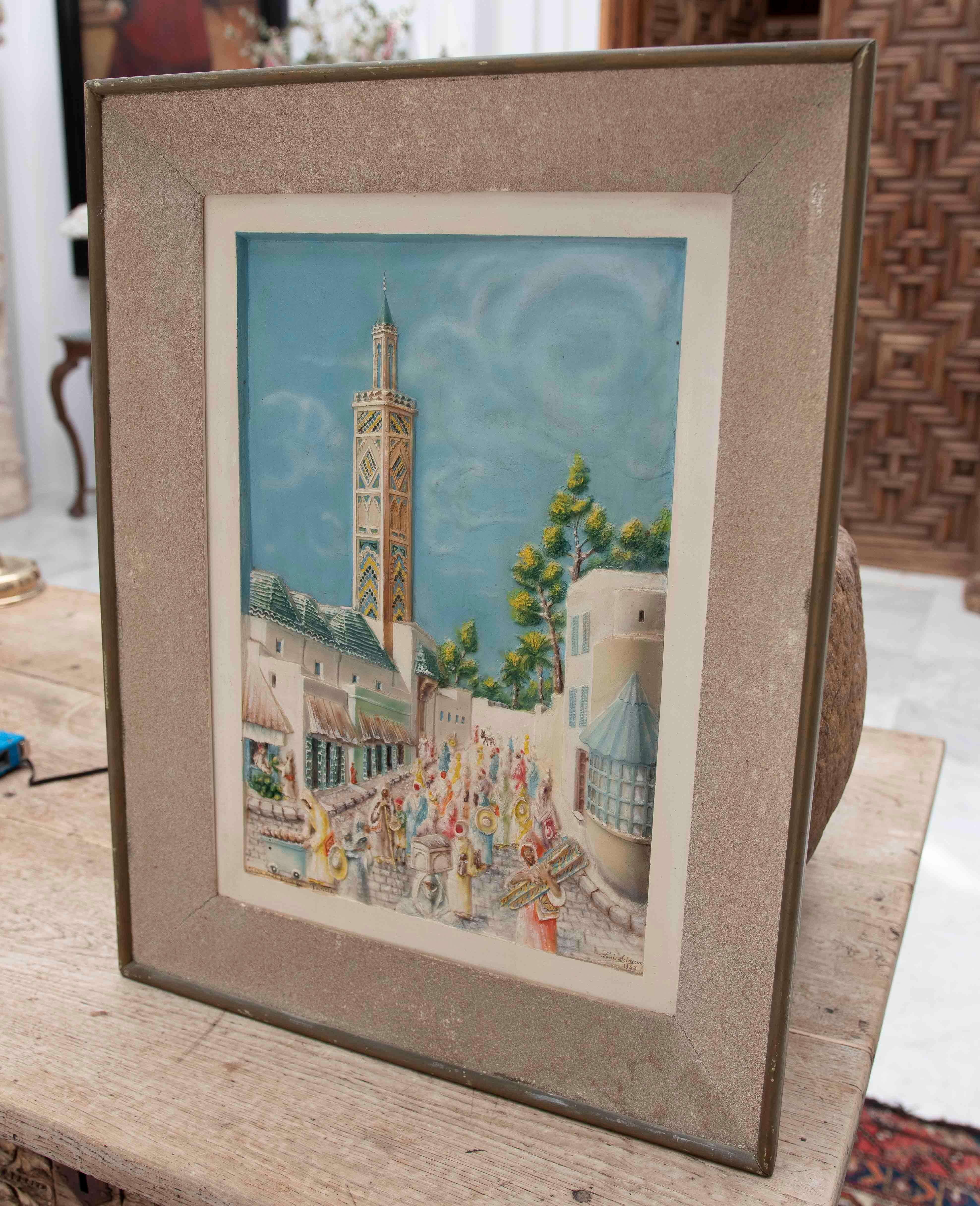 Estuco pintado de una vista urbana con un minarete y un mercado en un entorno oriental Europeo en venta