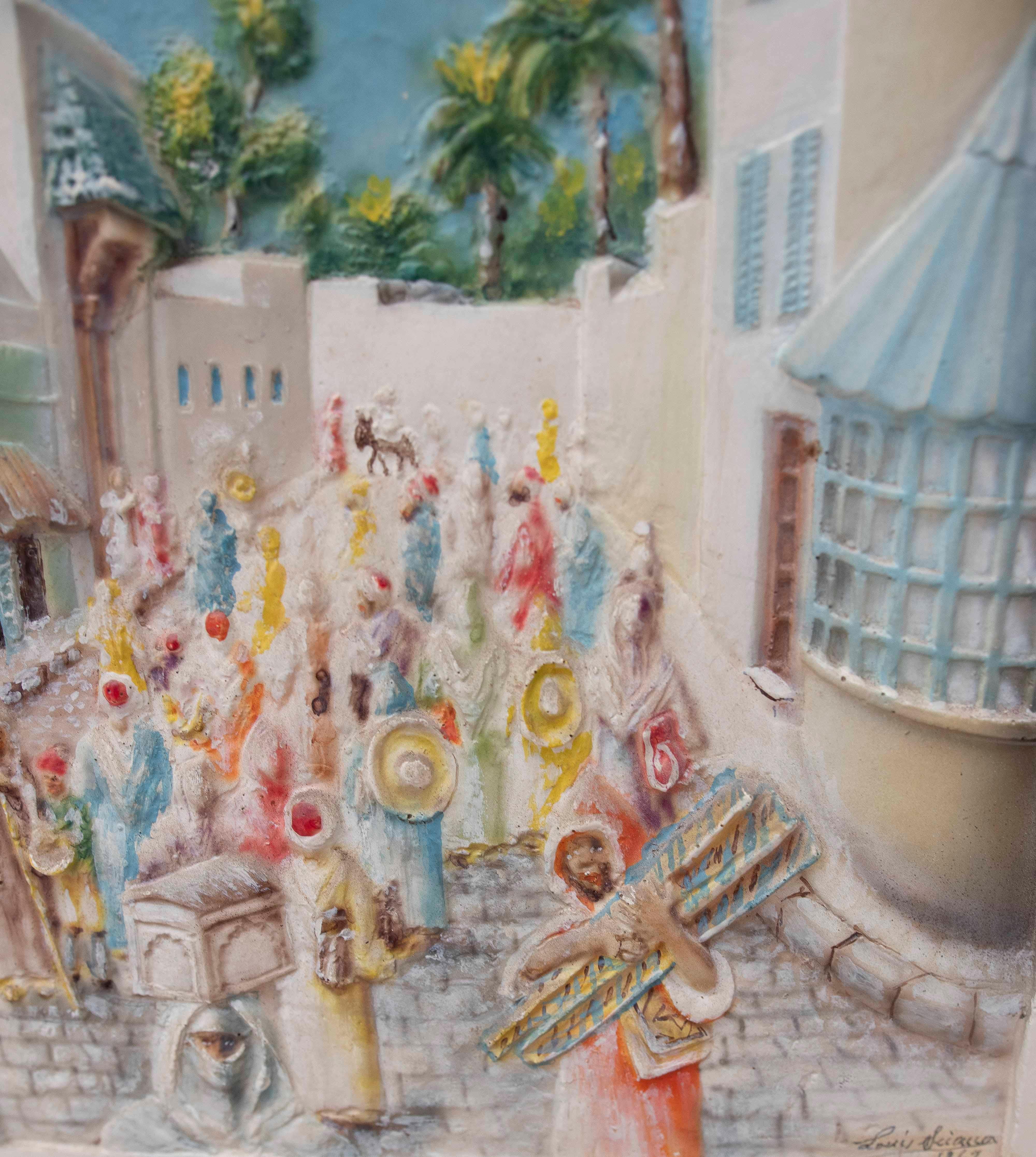 Estuco pintado de una vista urbana con un minarete y un mercado en un entorno oriental en venta 3