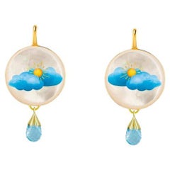 Painted Sun and Clouds Mother of Pearl Earrings - Unique Sky-Themed Jewelry