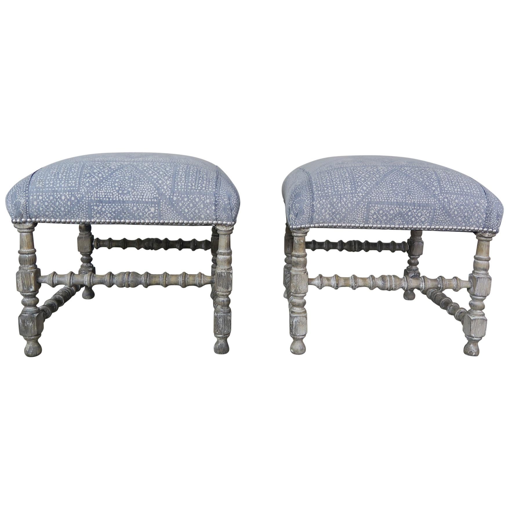 Painted Swedish Benches with Batik Cotton Upholstery, circa 1930s