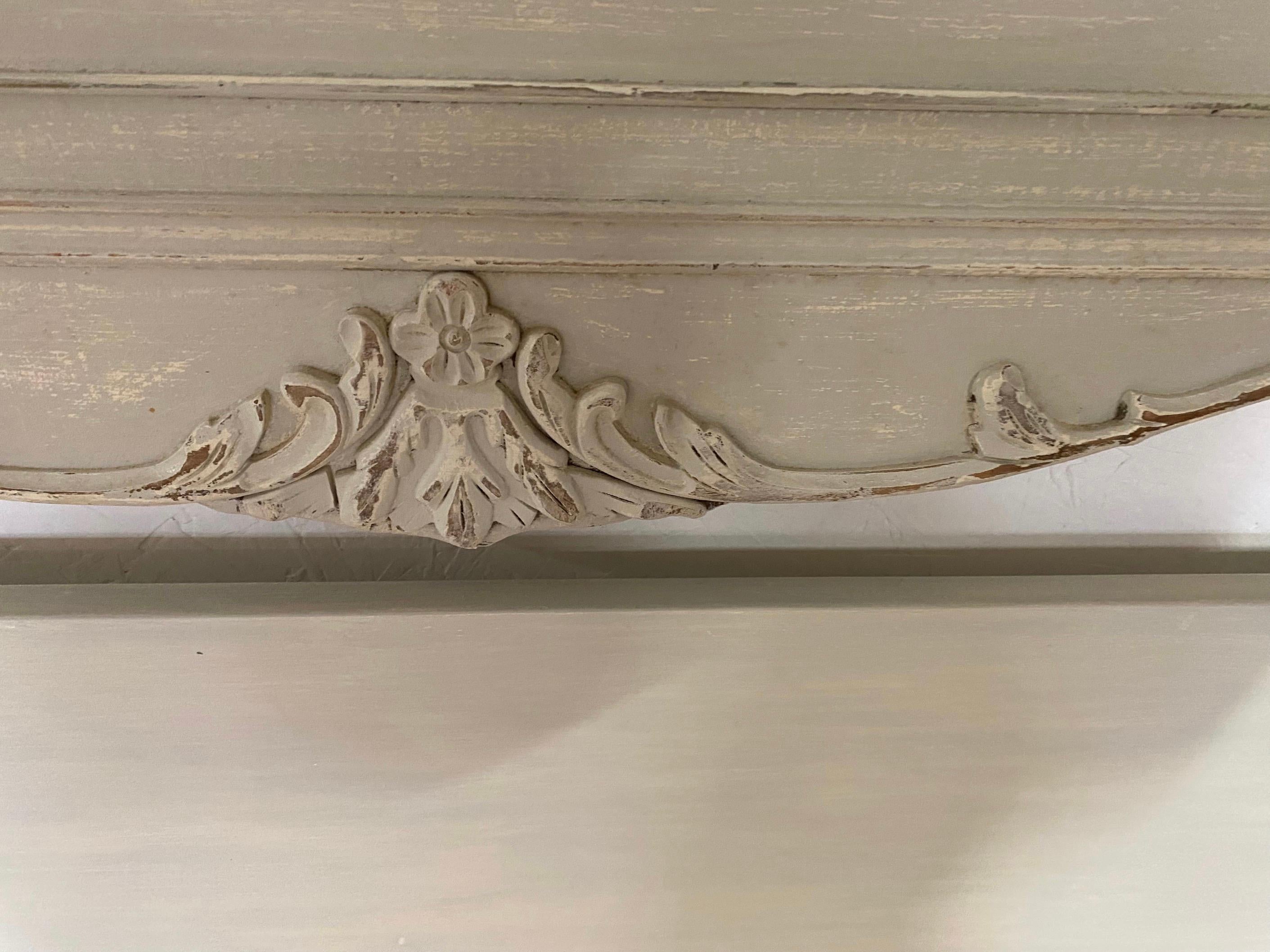 Wonderfully styled Swedish Gustavian style painted full size headboard painted a pale grey with some distressing to add style and character. 
Bed is suitable for Louis XVI or Louis XV Provincial style French, Neoclassical, Hollywood Regency or