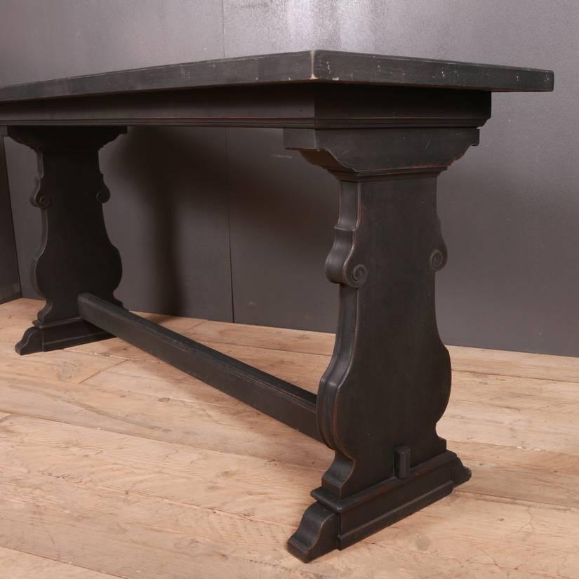 19th century painted tavern table with a distressed brass top, 1890.

Dimensions:
66.5 inches (169 cms) wide
20.5 inches (52 cms) deep
31 inches (79 cms) high.
 
 
