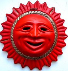 Painted Terracotta "Smilling Sun" Wall Sculpture