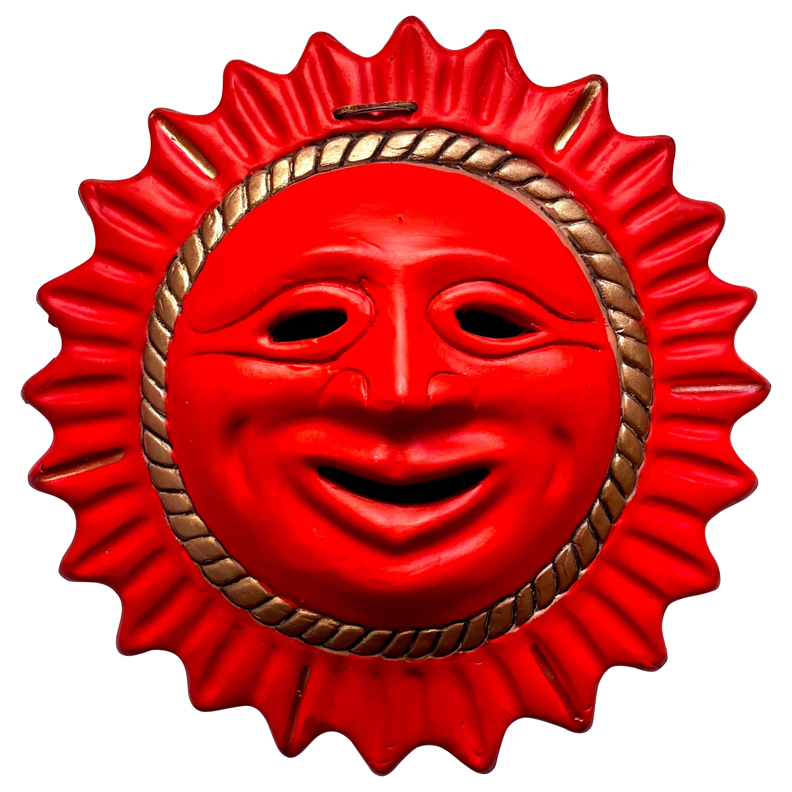 Sculpture murale "Soleil souriant" en terre cuite peinte