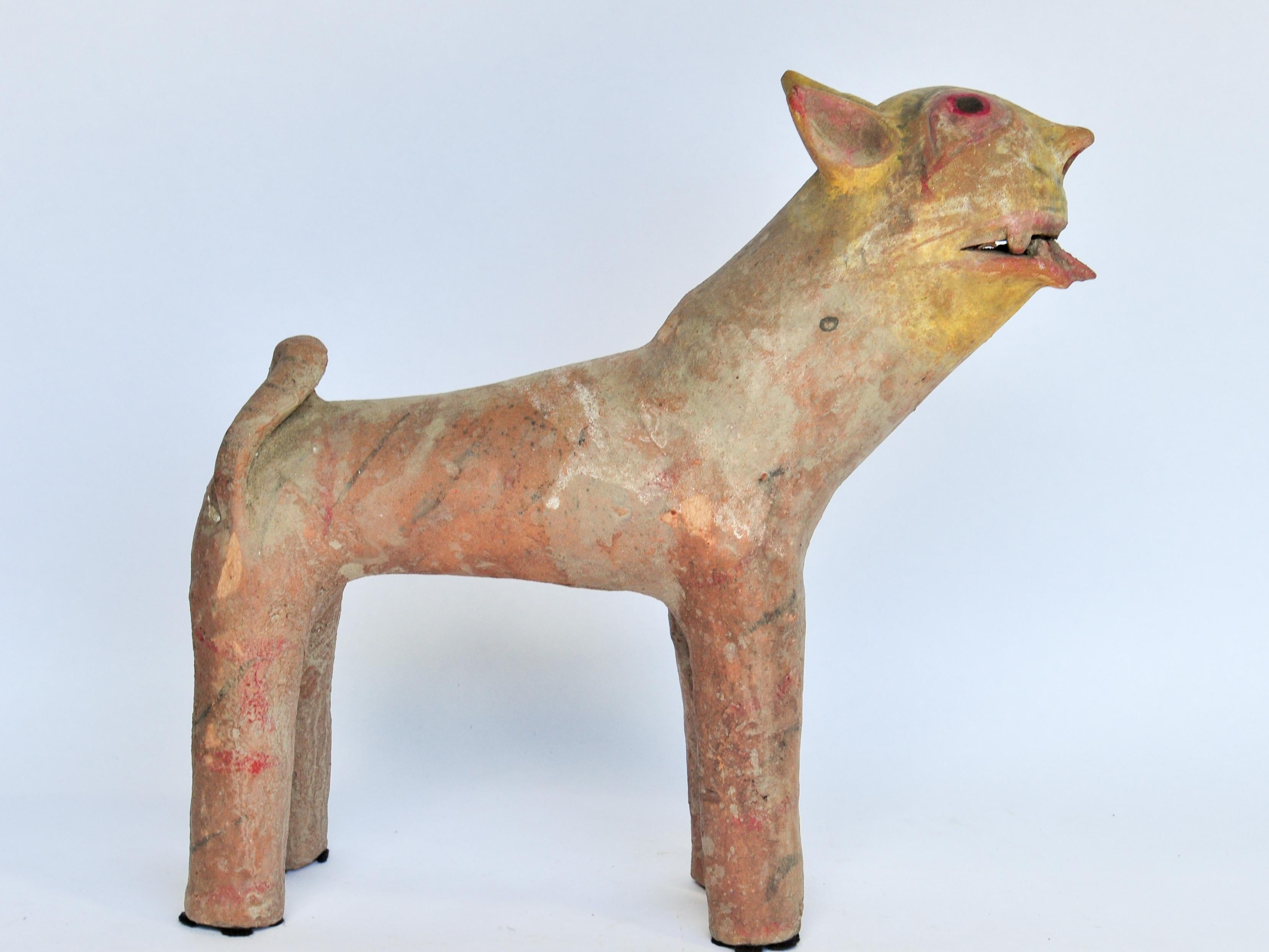 Hand-Crafted Painted Terracotta Tiger Figure, Rural Shrine Offering, Bengal Late-20th Century