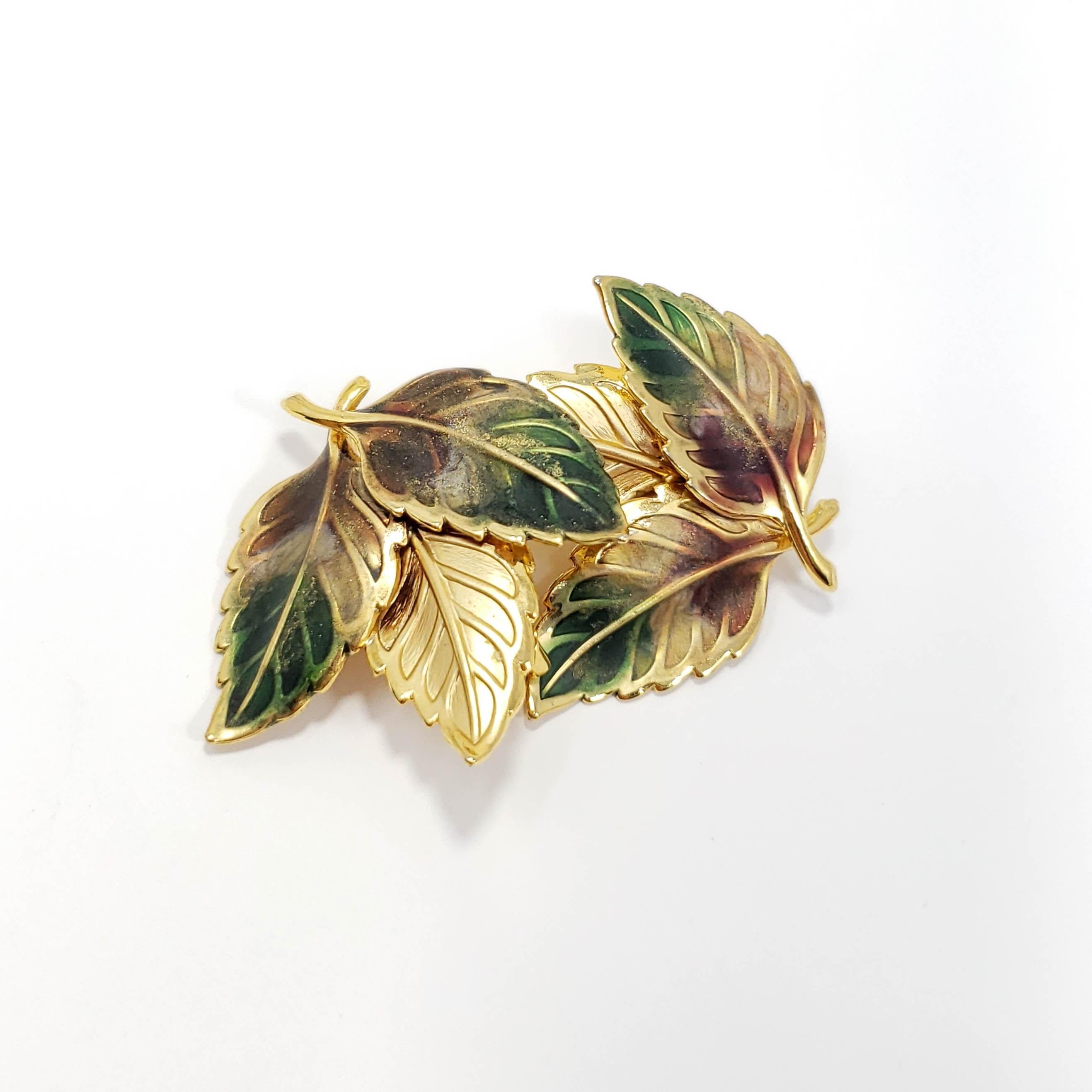 Retro Painted Three Leaf Clip on Earrings in Gold, Green, and Brown. Vintage, Mid 1900 For Sale