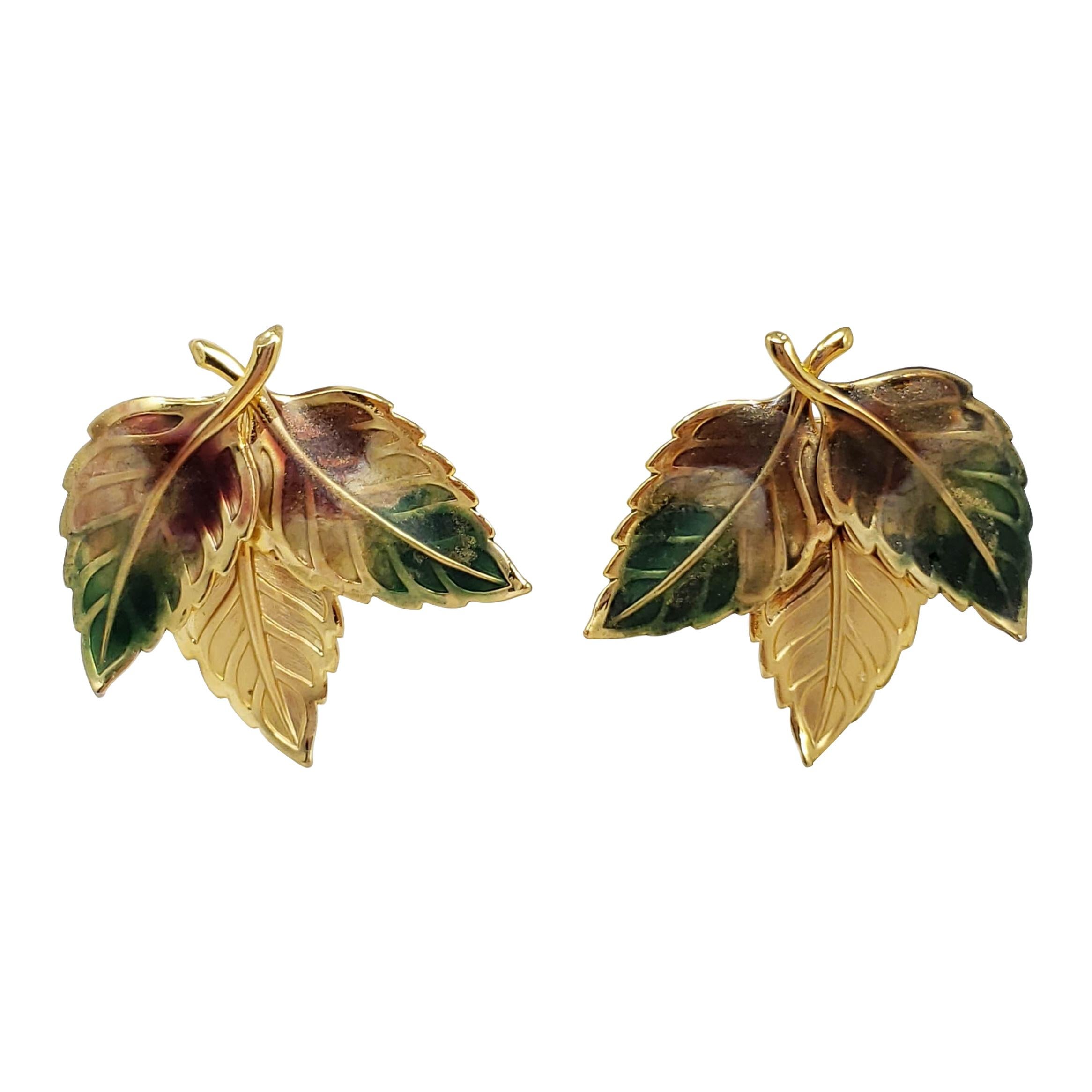 Painted Three Leaf Clip on Earrings in Gold, Green, and Brown. Vintage, Mid 1900 For Sale