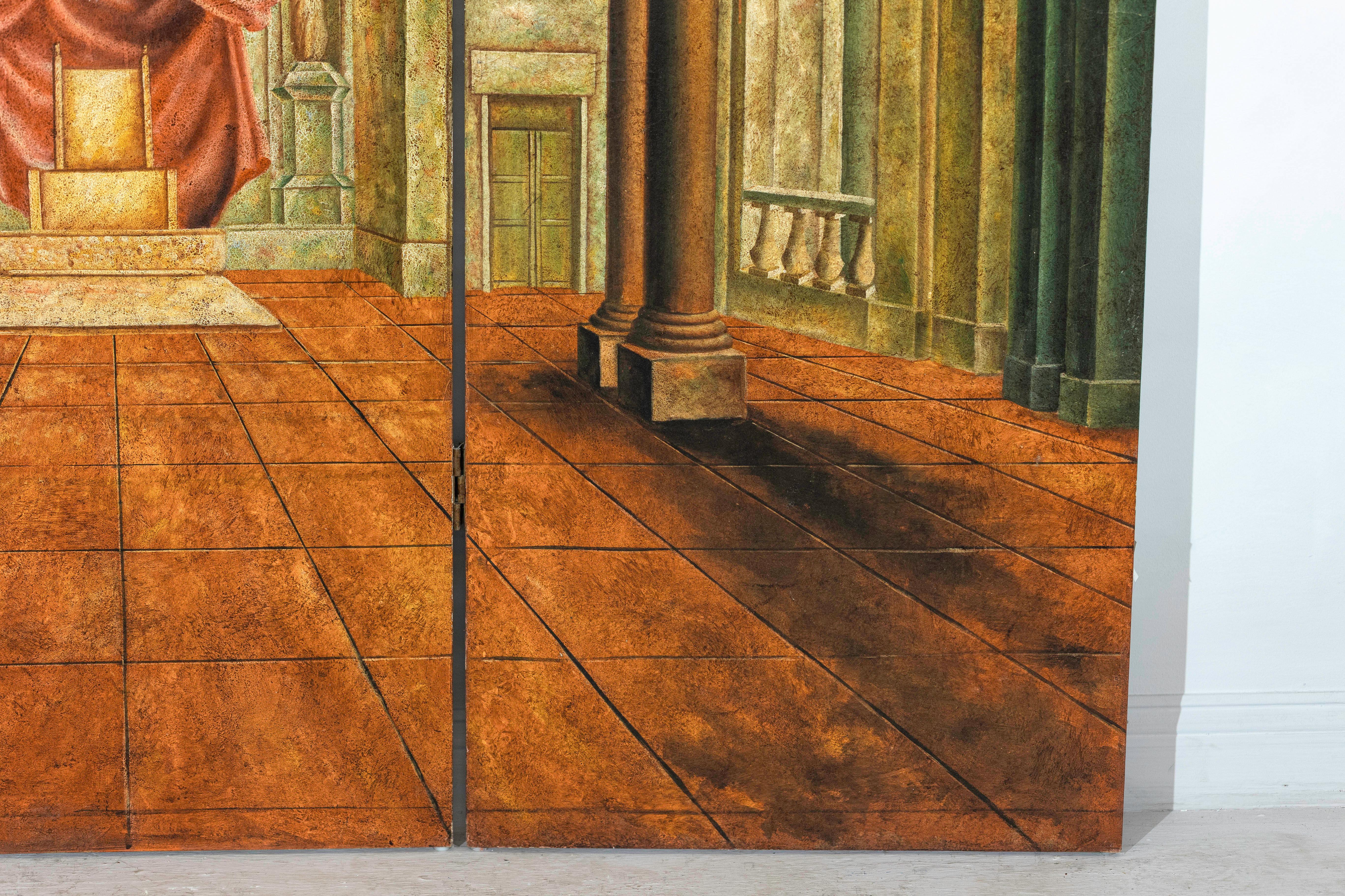 Paravento dipinto a tre pannelli con interni di palazzo trompe-l'Œil e scena di trono in vendita 4