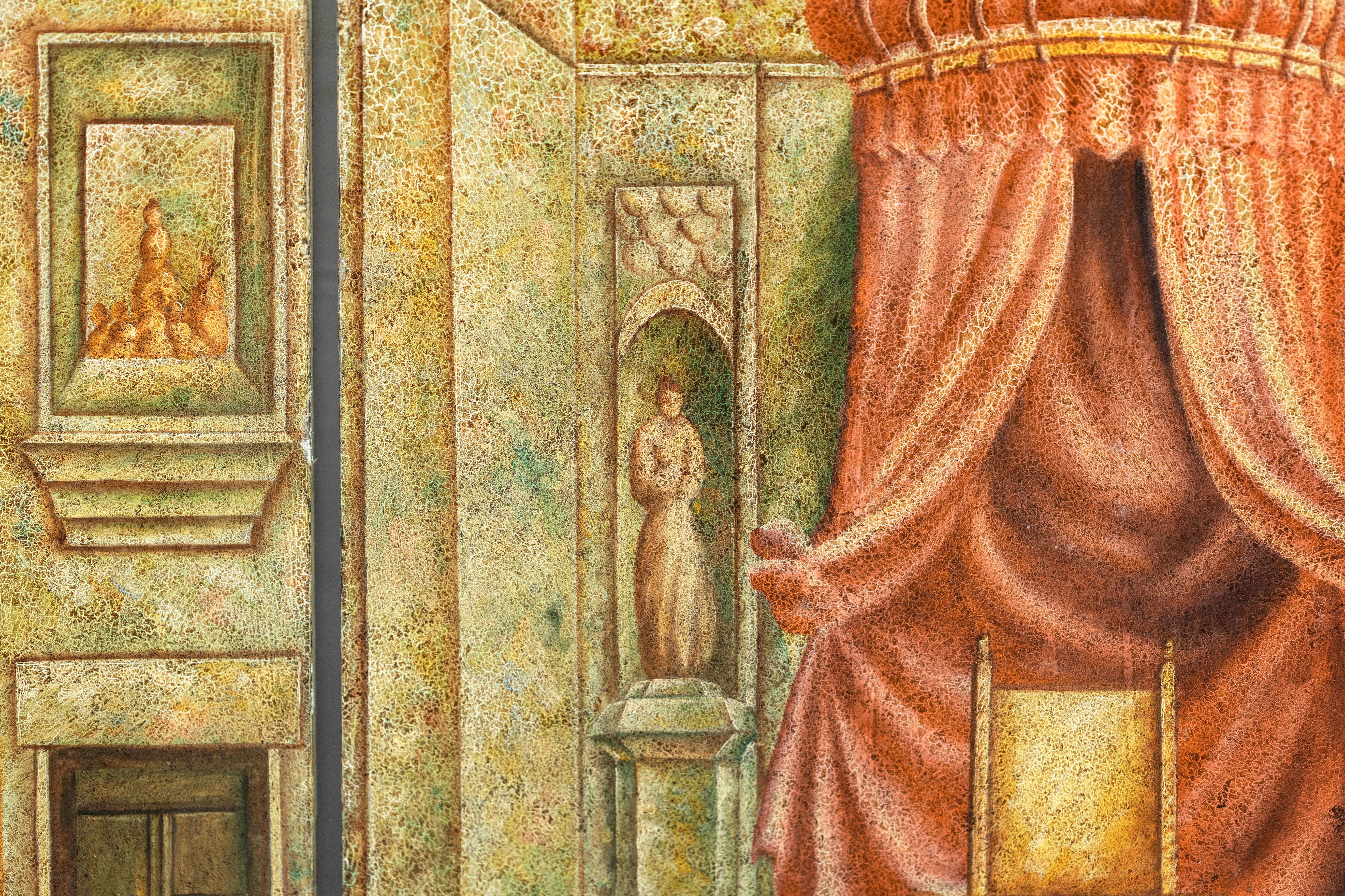Paravento dipinto a tre pannelli con interni di palazzo trompe-l'Œil e scena di trono in vendita 6