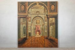 Painted Three-Panel Screen with Trompe-l'Œil Palace Interior and Throne Scene