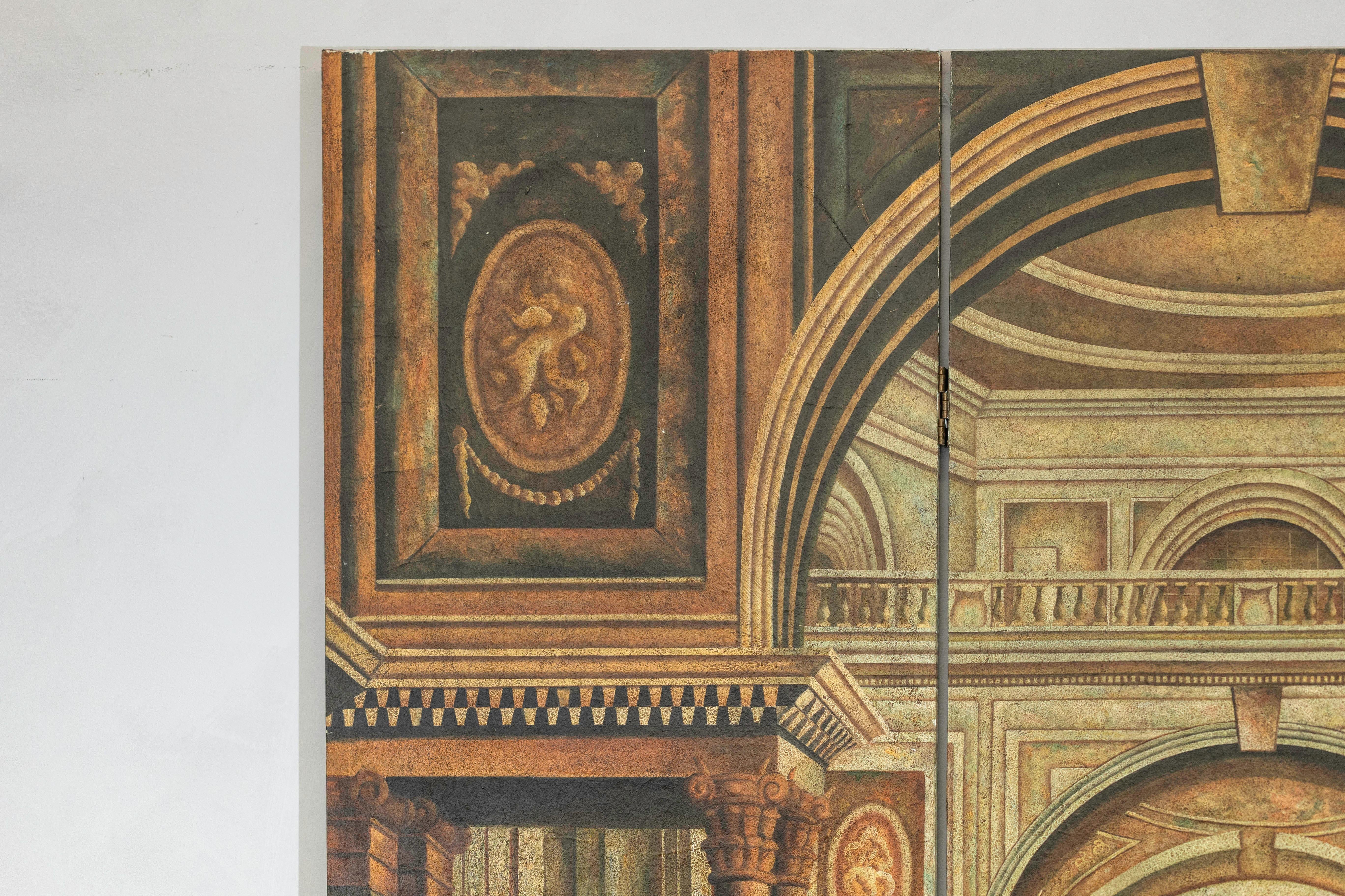 XX secolo Paravento dipinto a tre pannelli con interni di palazzo trompe-l'Œil e scena di trono in vendita