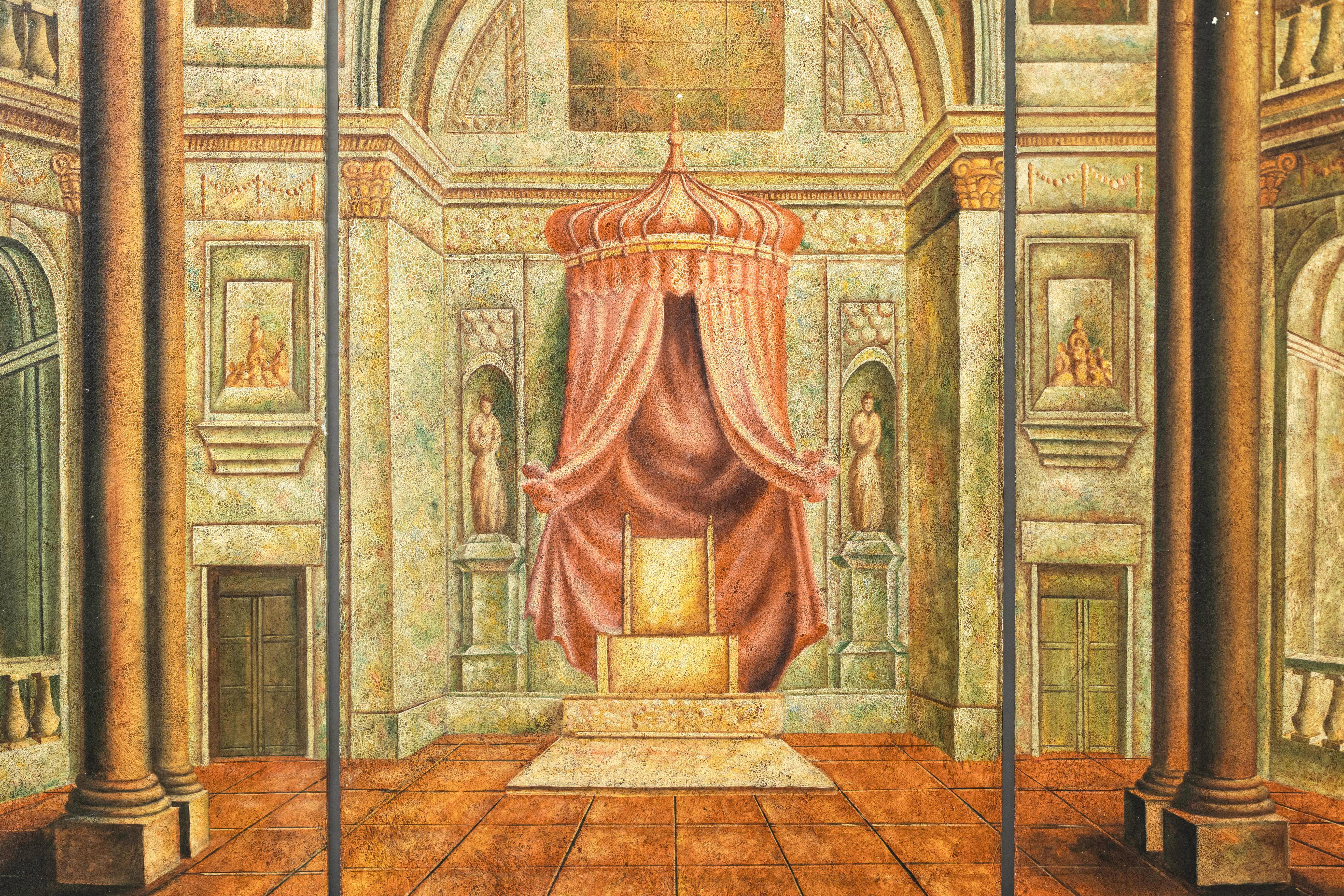Paravento dipinto a tre pannelli con interni di palazzo trompe-l'Œil e scena di trono in vendita 2