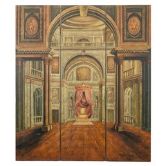 Biombo pintado de tres paneles con interior de palacio trompe-l'Œil y escena del trono