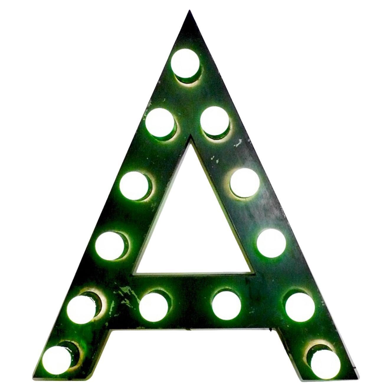 Painted tin letter A with bulbs, United States of America 1930.