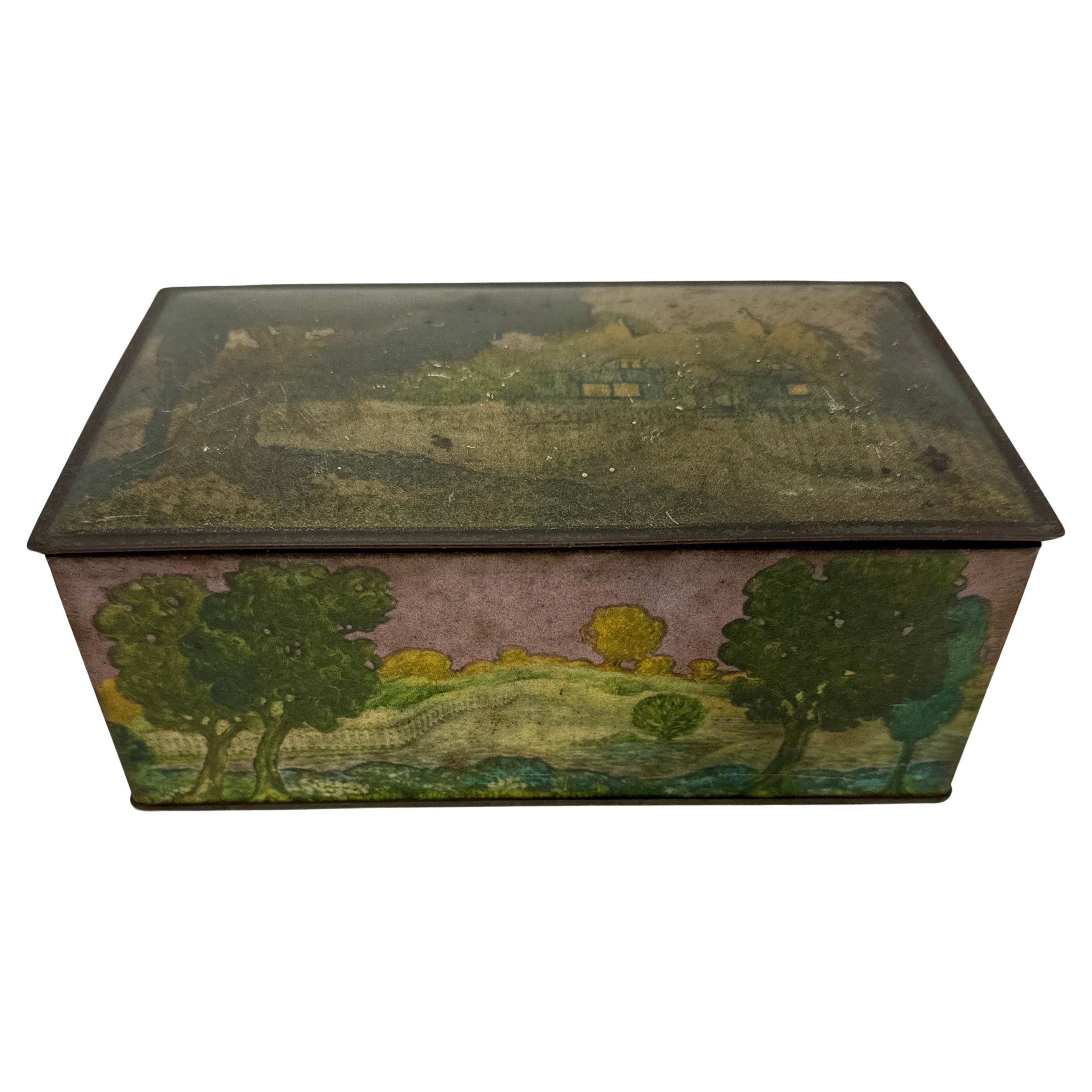 American Painted Tin Rectangular Box with Landscape from Canco
