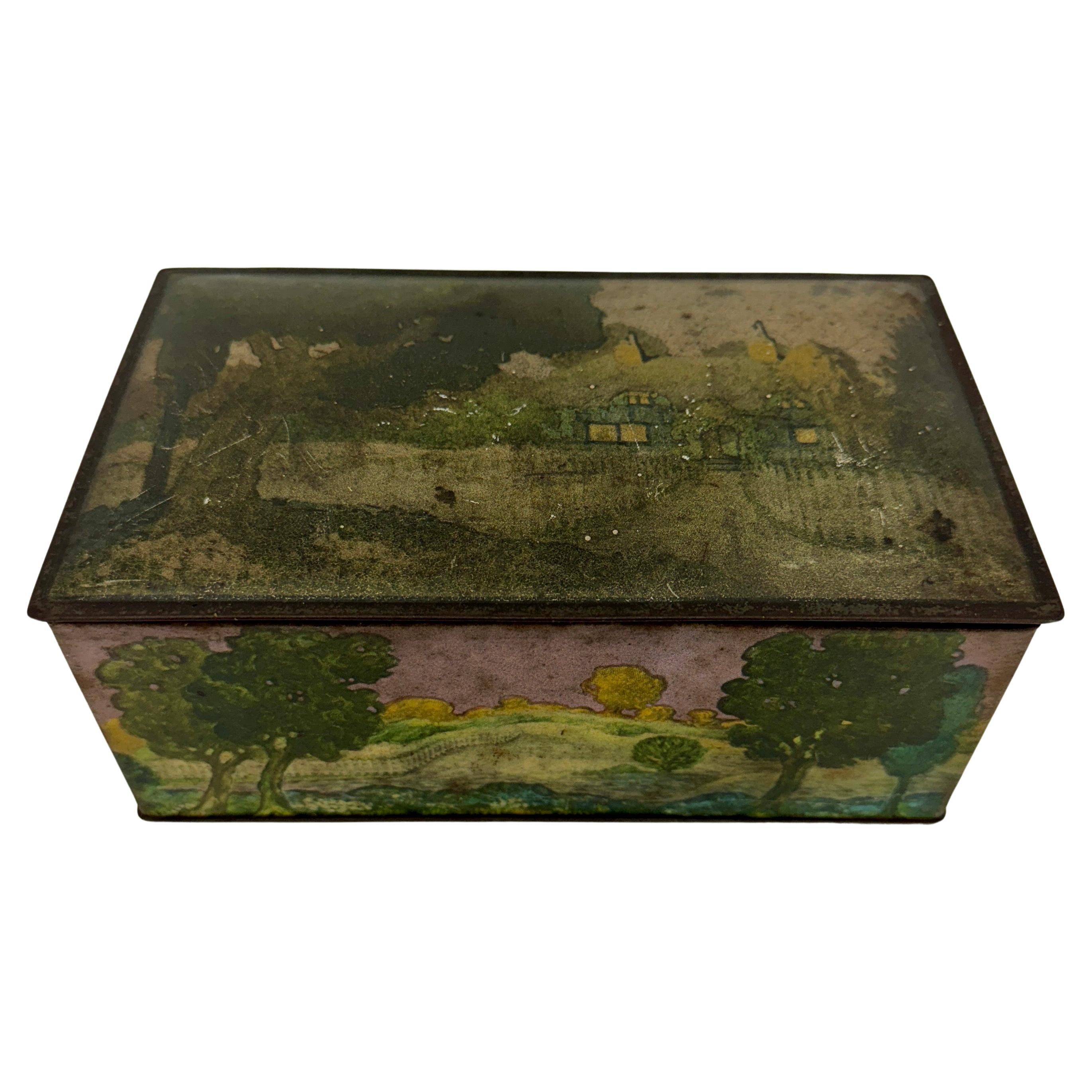 Hand-Painted Painted Tin Rectangular Box with Landscape from Canco