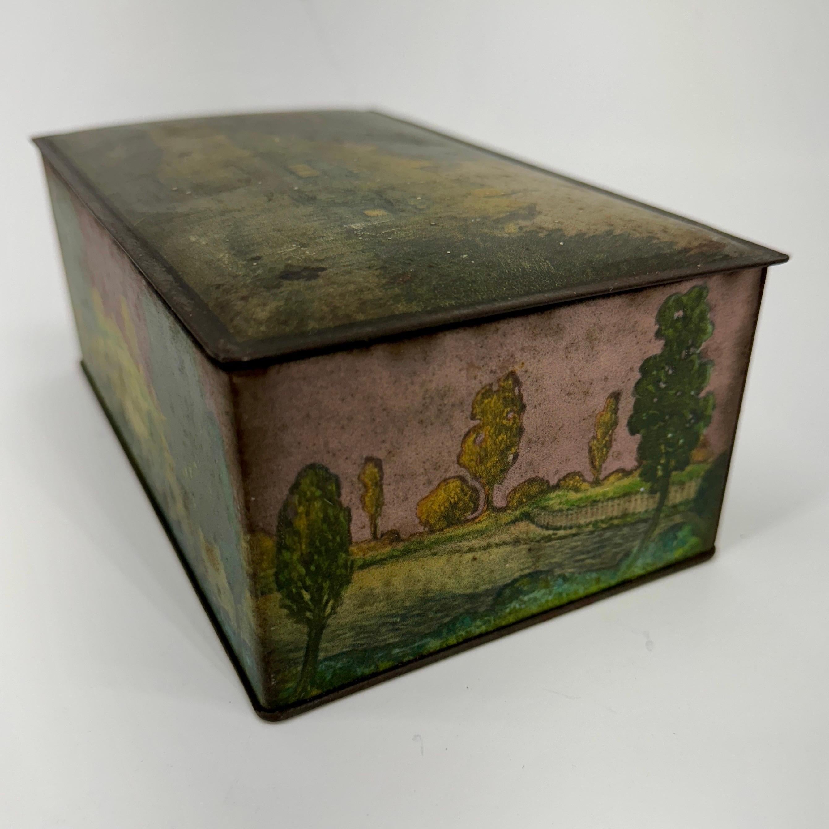 19th Century Painted Tin Rectangular Box with Landscape from Canco