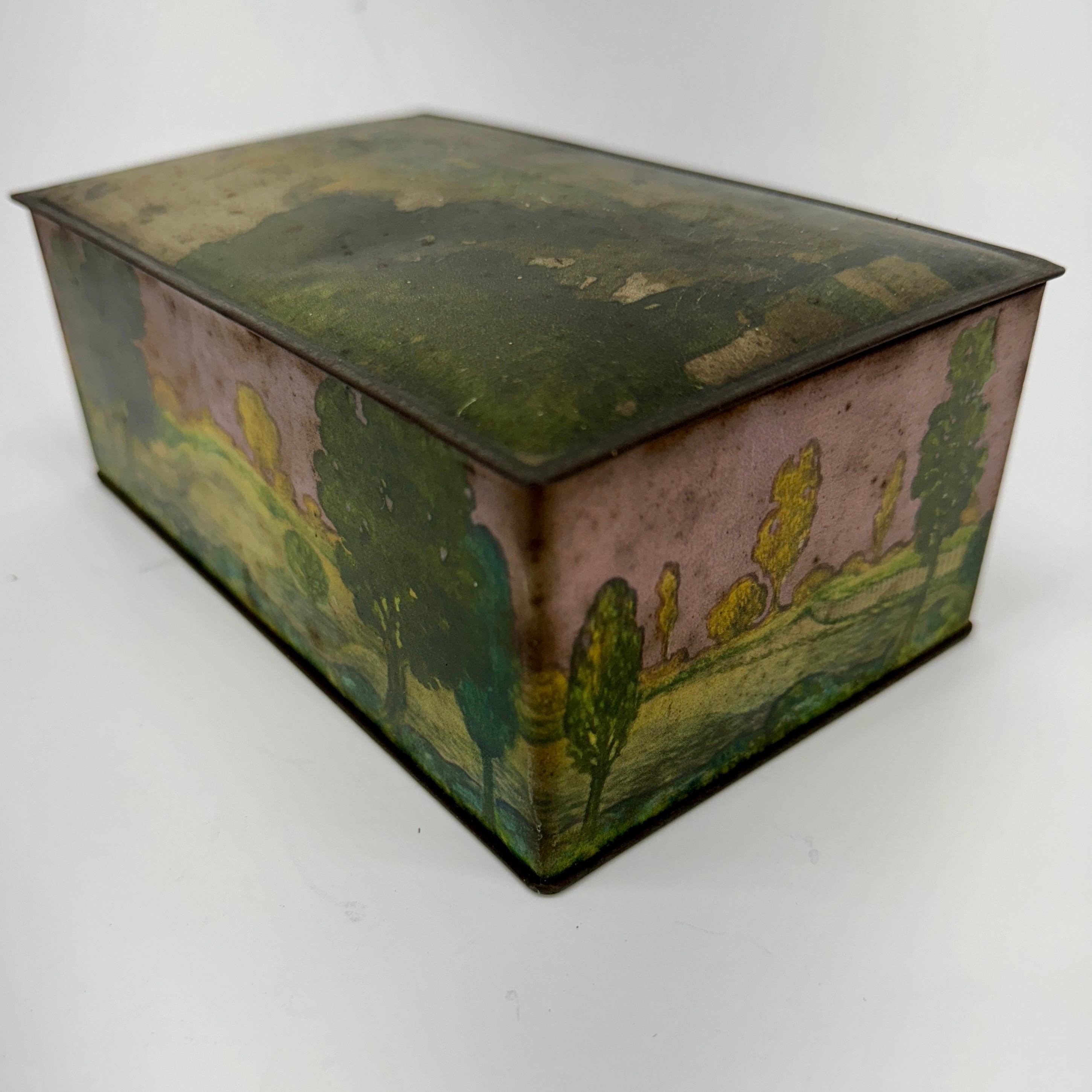 Painted Tin Rectangular Box with Landscape from Canco 1
